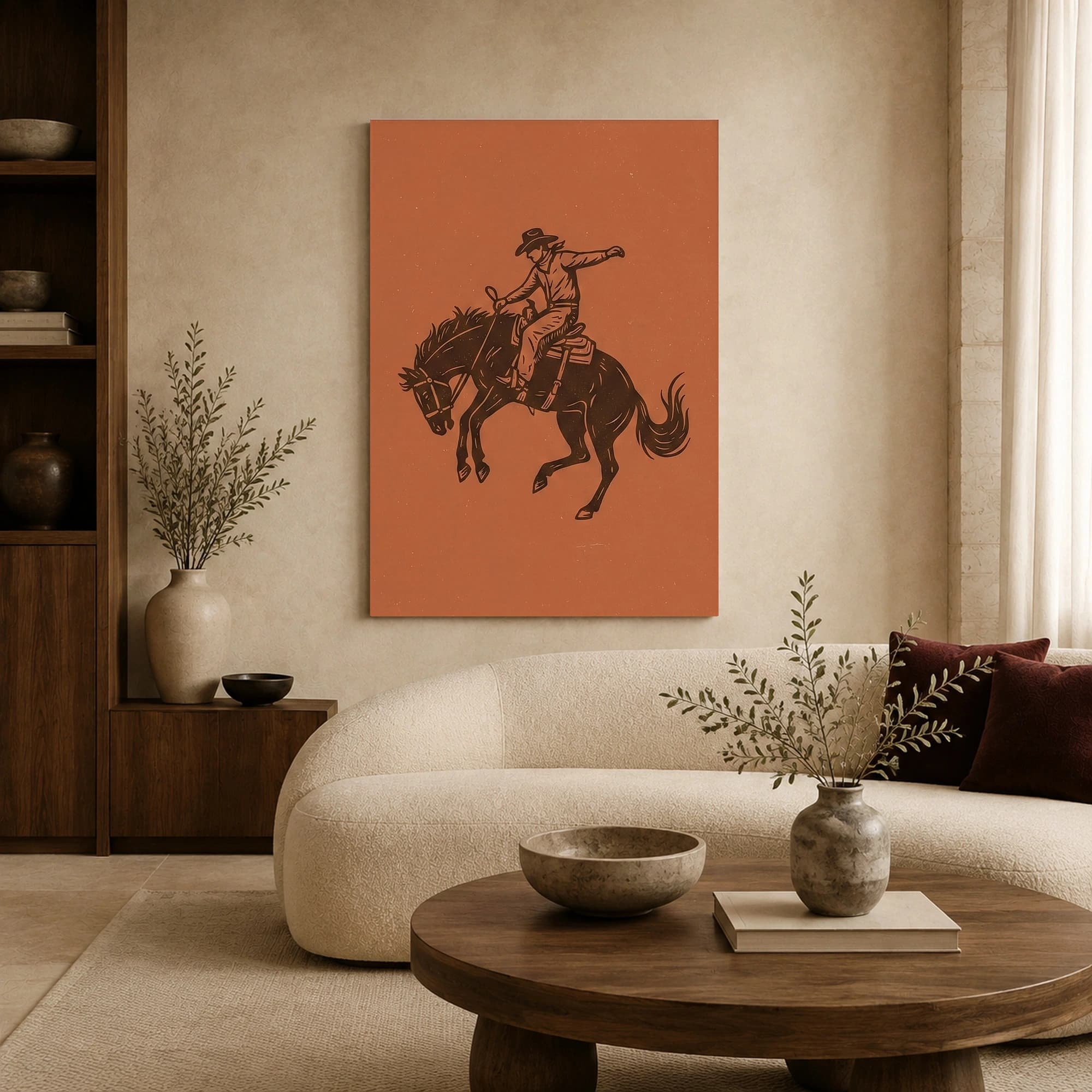Bucking Bronco Cowboy Linocut Western Wall Art Print, view 6