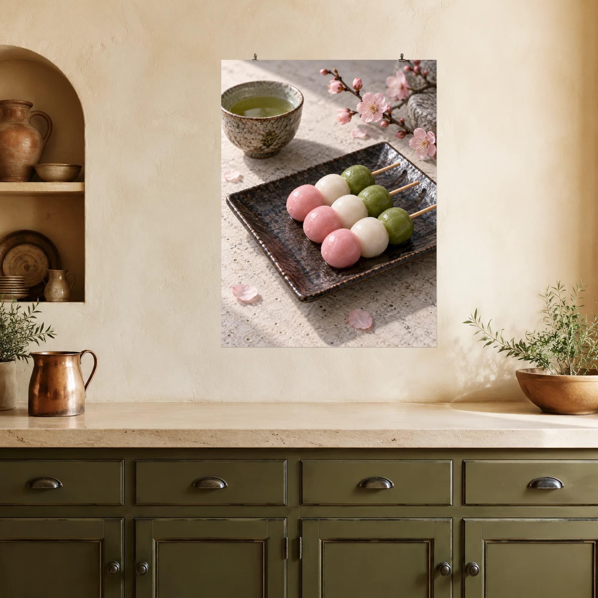 Pastel dango skewers rest beside delicate blossoms and a small bowl of tea.