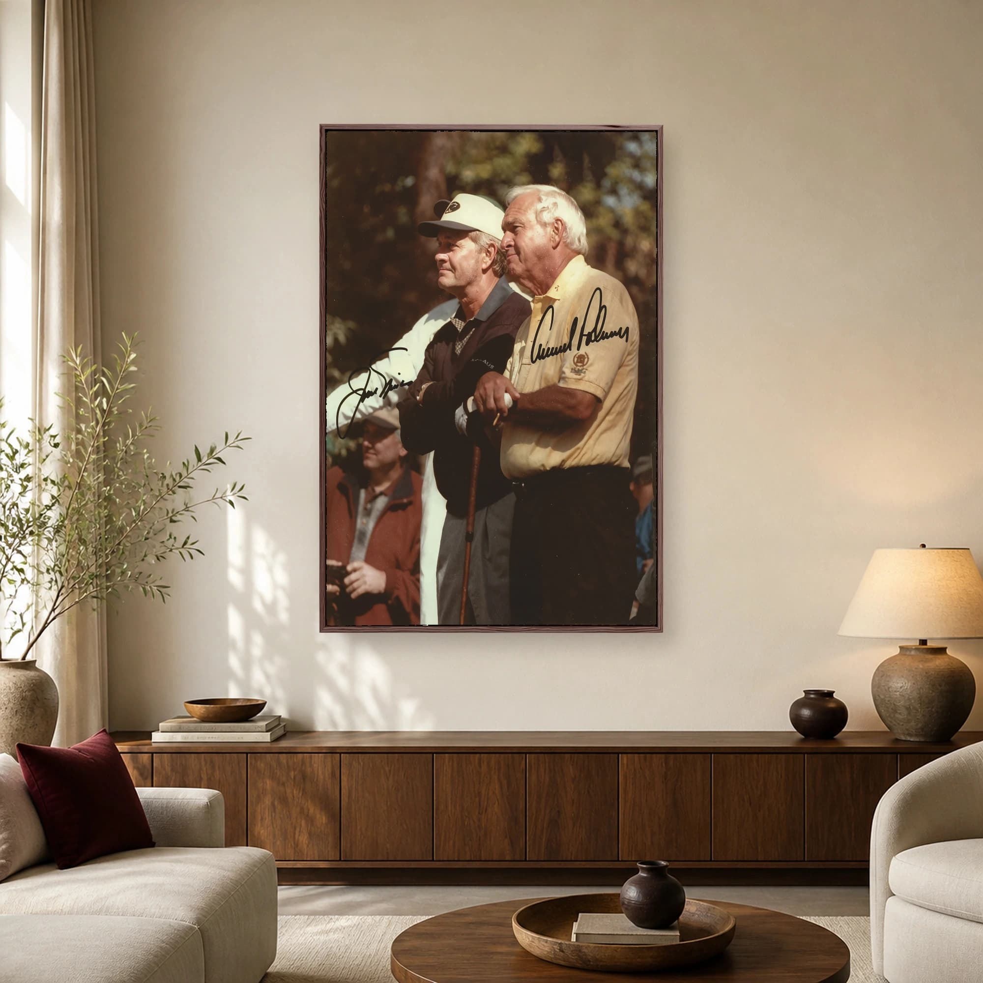Vintage photograph of golf legends Arnold Palmer and Jack Nicklaus on a course with their signatures overlaid.