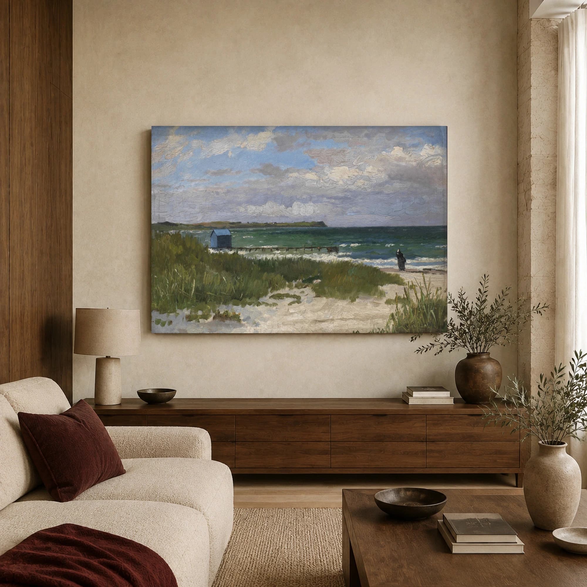 Coastal Shore with Blue Beach Hut Fine Art Canvas Print, view 3
