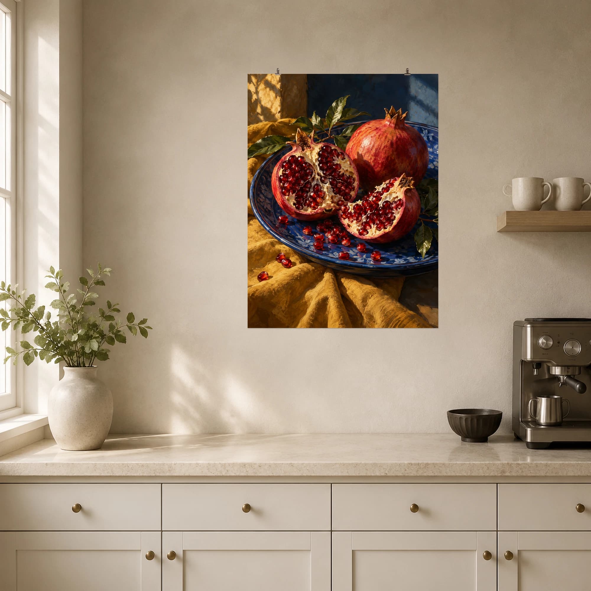 A cut pomegranate rests on a blue plate over ochre fabric. Jewel-like seeds and deep shadows give the still life a rich, warm palette.