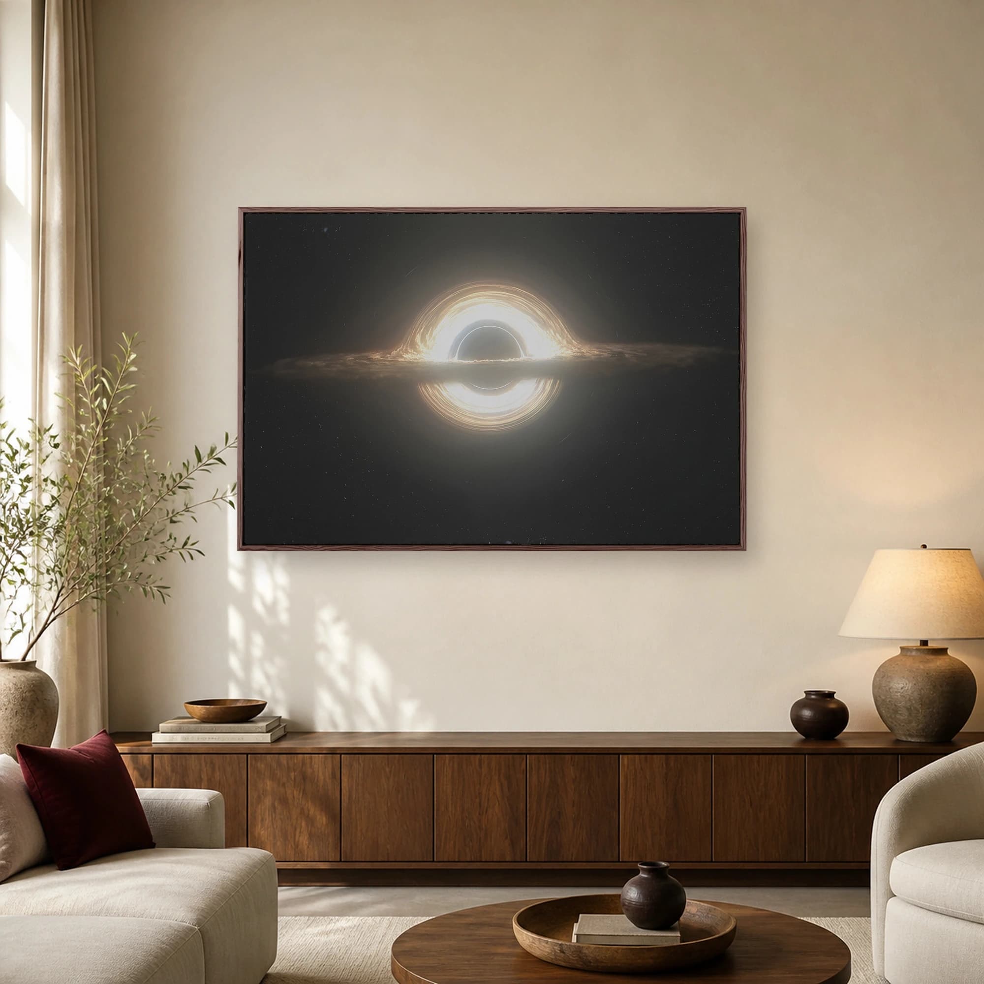 A cinematic view of a supermassive black hole with a glowing golden accretion disk and photon ring set against a starry space background.