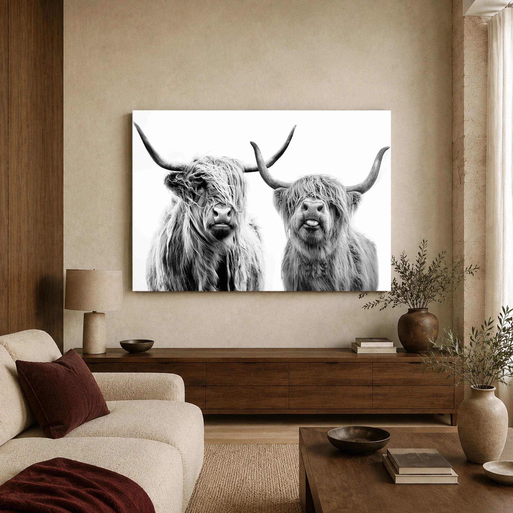 Highland Cattle Portrait Black and White Wall Art, view 2