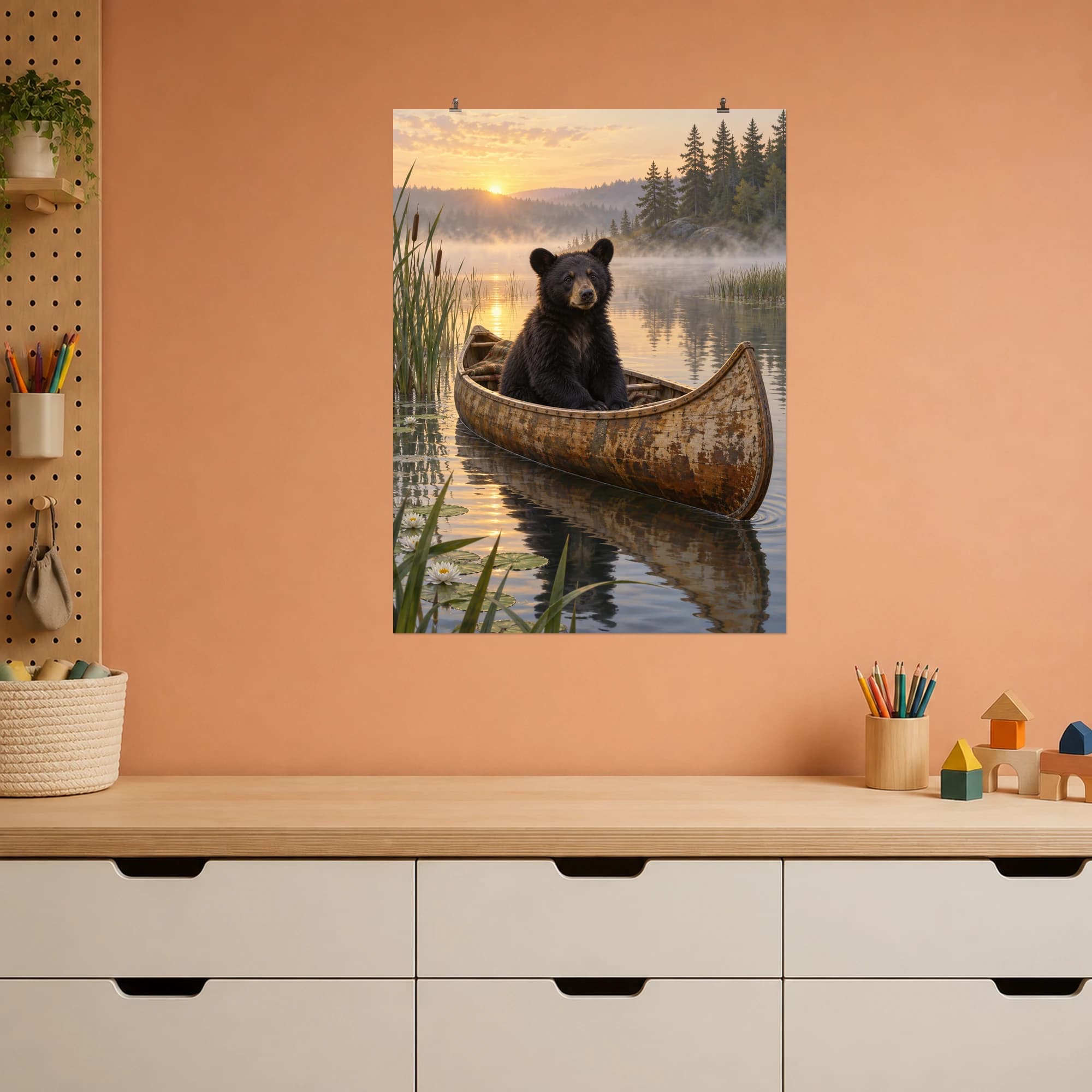 A young black bear drifts through a misty lake in a weathered canoe at dawn.