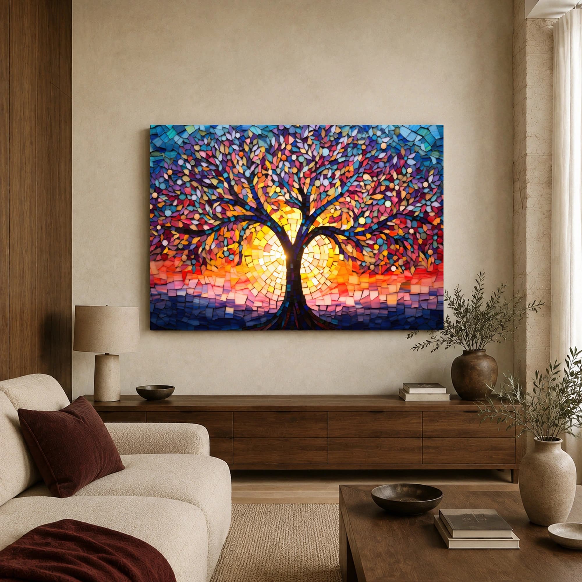 Mosaic Sunset Tree Stained Glass Wall Art, view 3