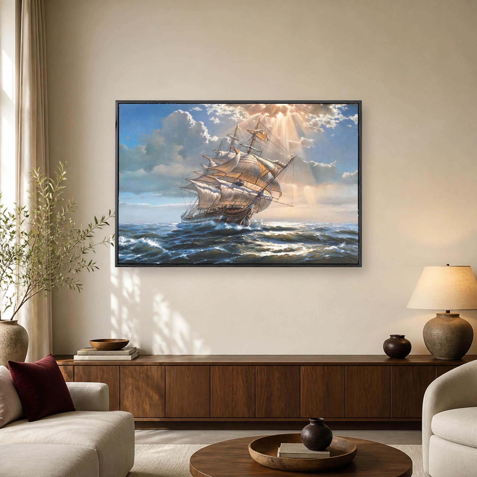 A detailed painting of a majestic tall ship with full sails cutting through choppy ocean waves under dramatic sunbeams breaking through clouds.