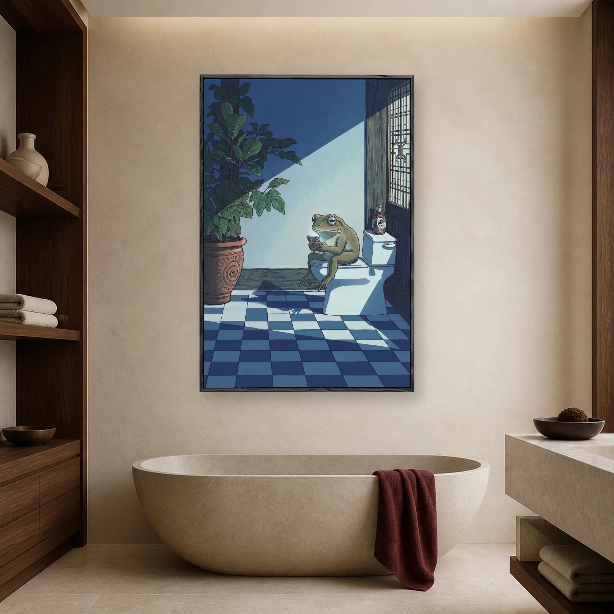 A pop surrealist illustration of a green frog sitting on a toilet while looking at a smartphone, next to a potted plant in a blue-toned bathroom.