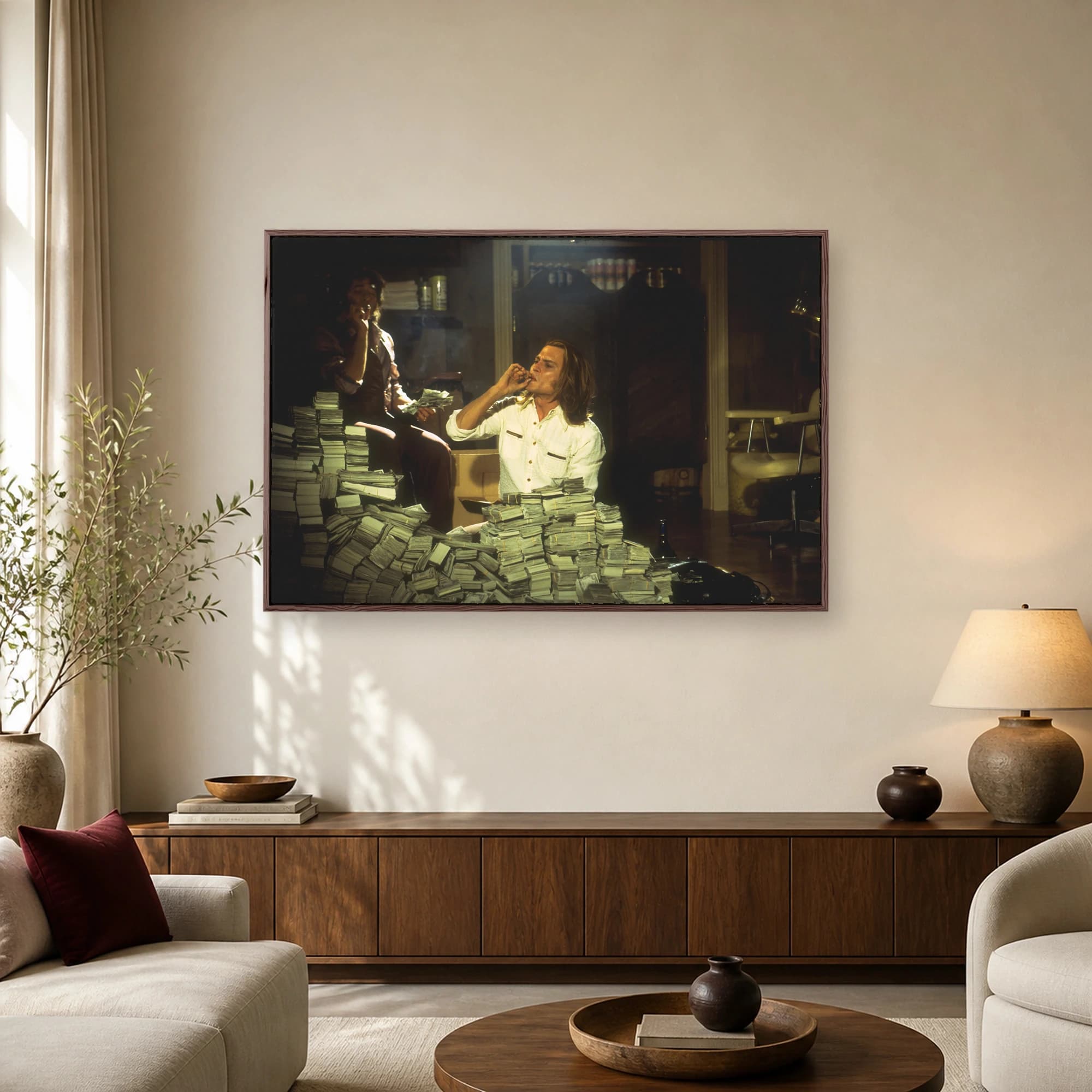 Cinematic portrait of Johnny Depp lighting a cigarette while sitting behind massive stacks of paper money in a dim, wood-paneled room.