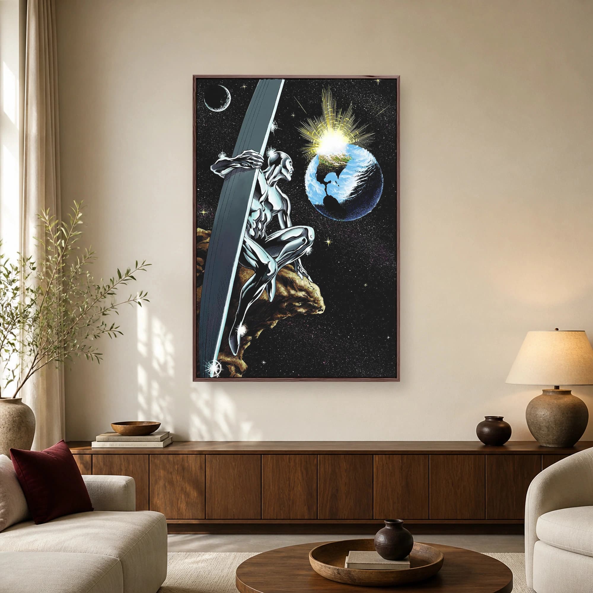 Silver Surfer comic character holding a surfboard on a rocky cliff overlooking planet Earth and stars in deep space