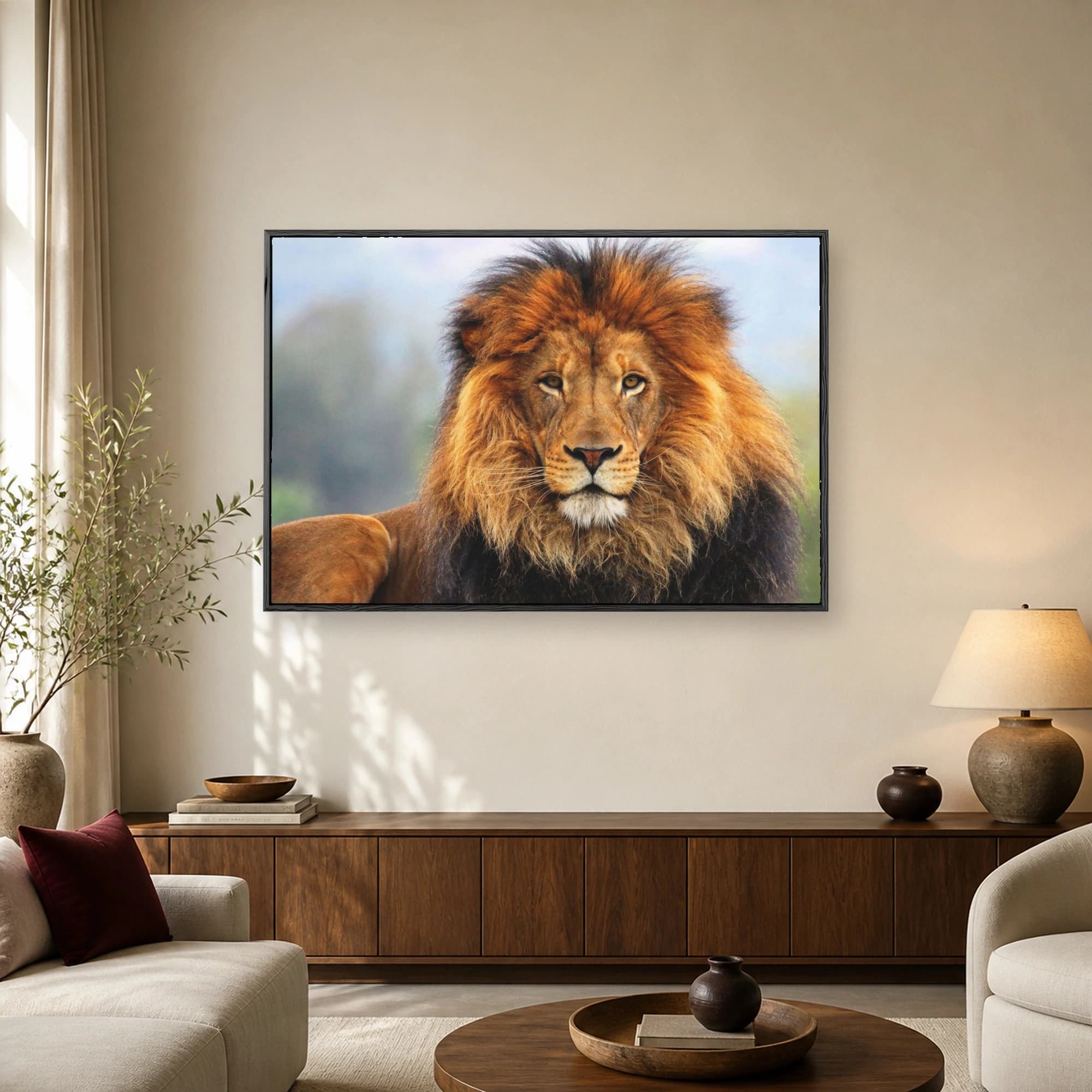 Close-up fine art photography of a magnificent male African lion with a rich amber mane and piercing amber eyes looking forward.