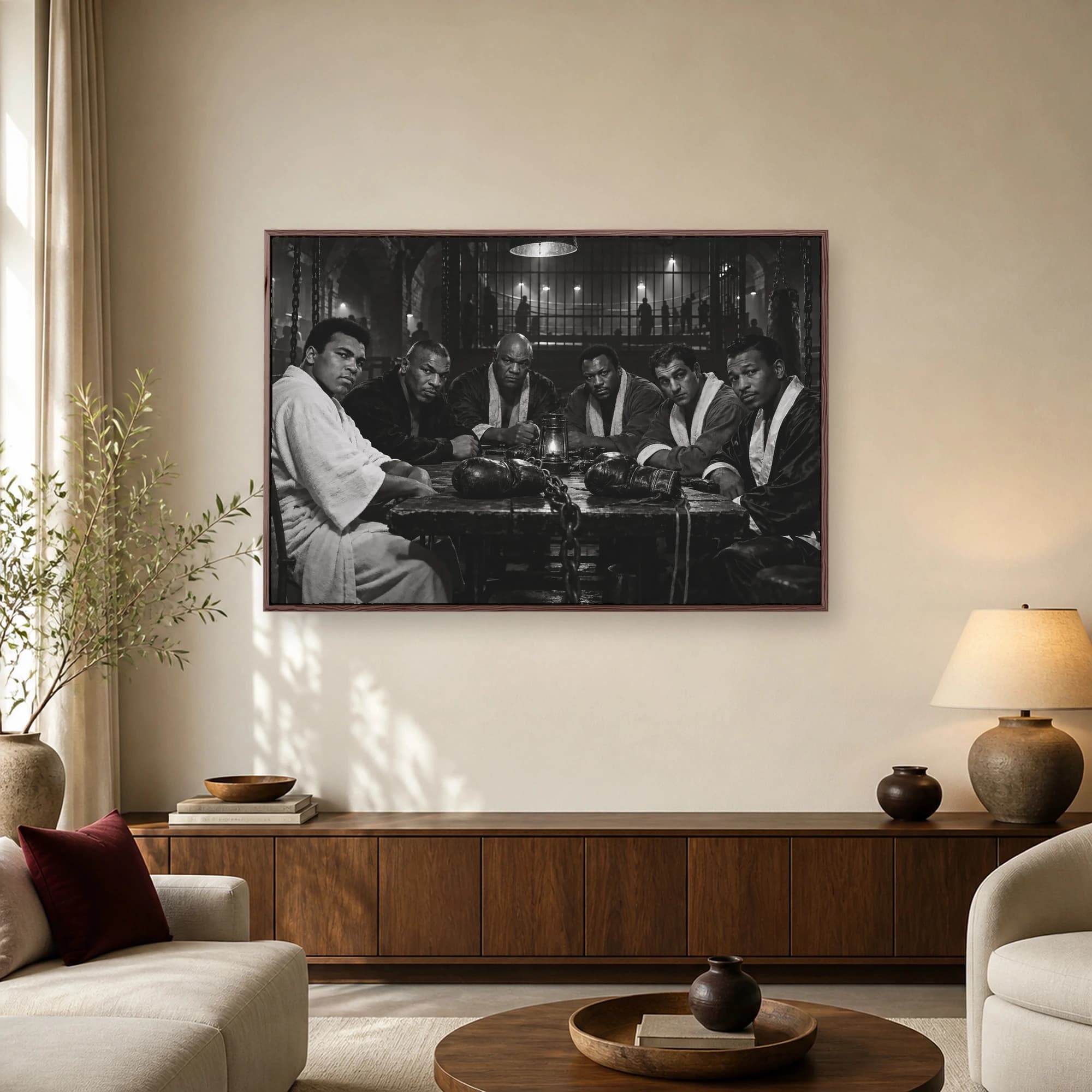 Black and white photograph of legendary heavyweight boxing champions seated around a rustic wooden table with an oil lamp and boxing gloves.