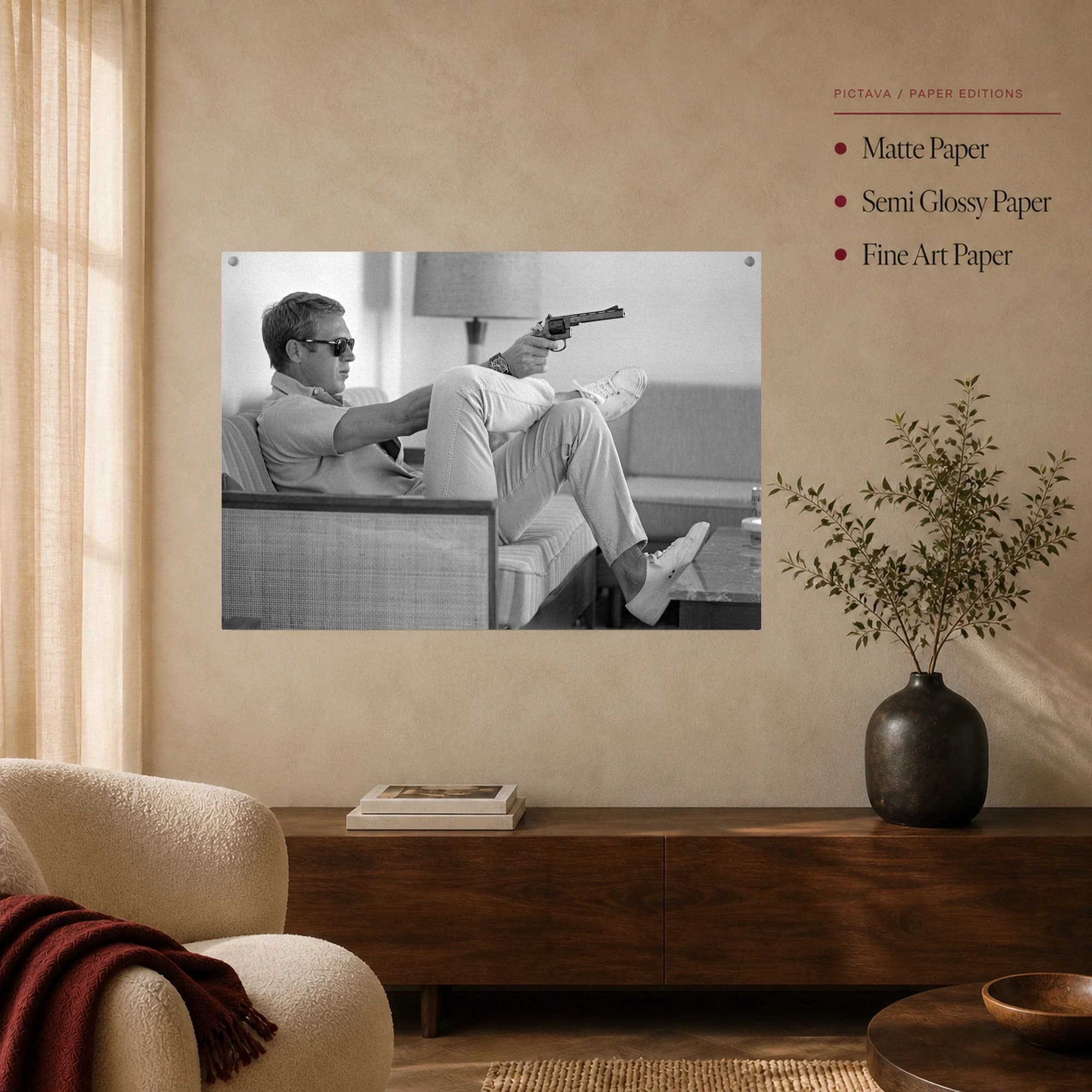 Steve McQueen Casual Gun Pose Black and White Photography Wall Art, view 5