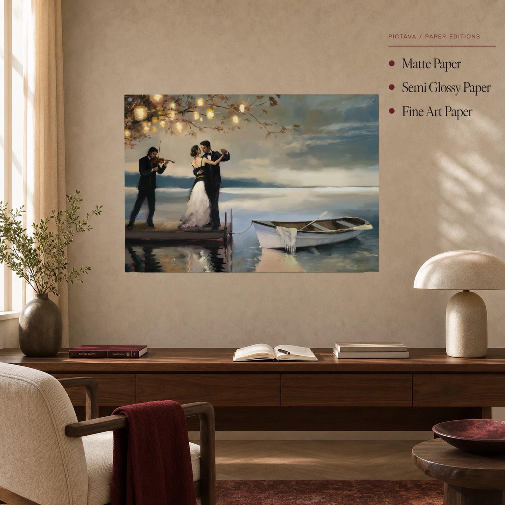 Romantic Lakeside Dance Canvas Print with Violinist and Lanterns, view 5