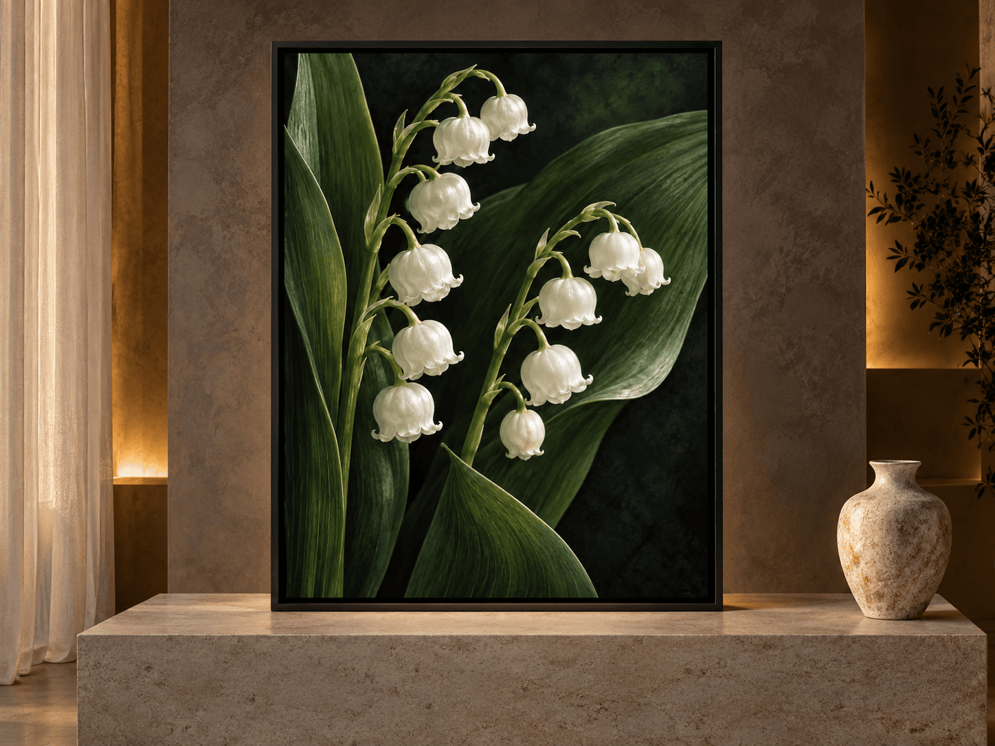 This lily of the valley wall art captures a moody botanical scene. Porcelain-white lily-of-the-valley bells arch before broad rolled leaves on a charcoal green ground.