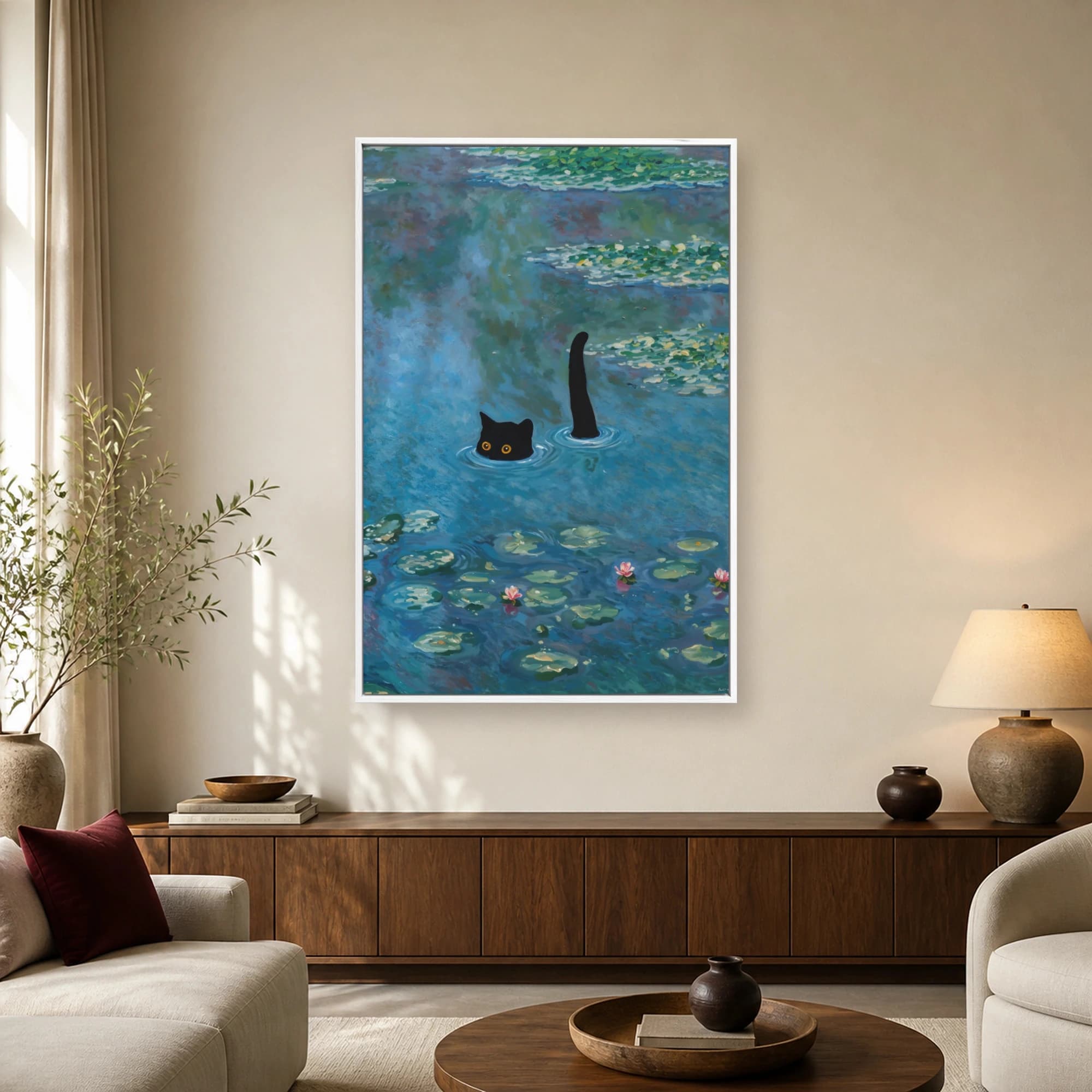 Black Cat Swimming in Water Lilies Pond Impressionist Canvas, view 2