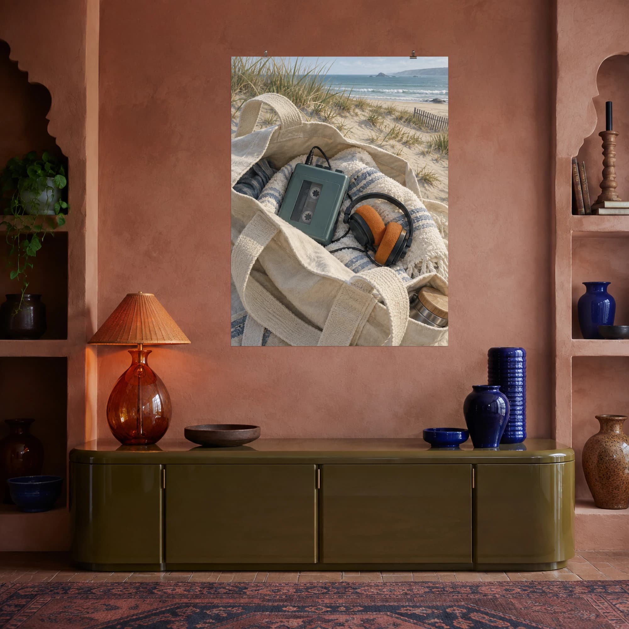 A teal cassette player and orange headphones rest on a beach towel beside an open canvas tote.