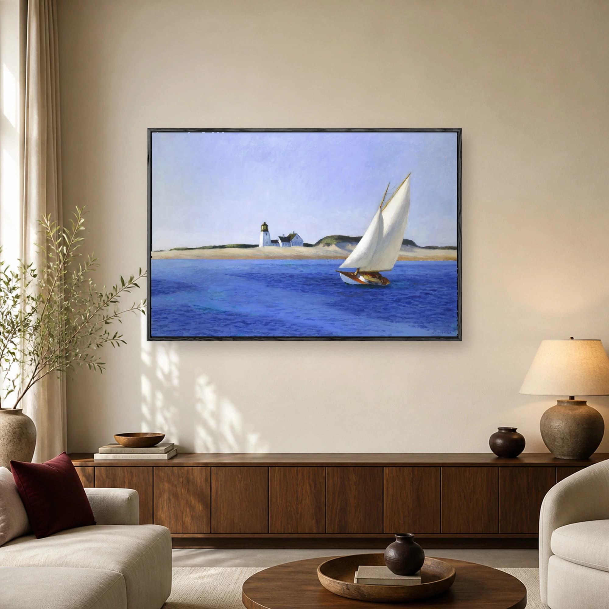 A realist painting of a white sailboat on deep blue water with a lighthouse and coastal houses on a sandy shore in the background.