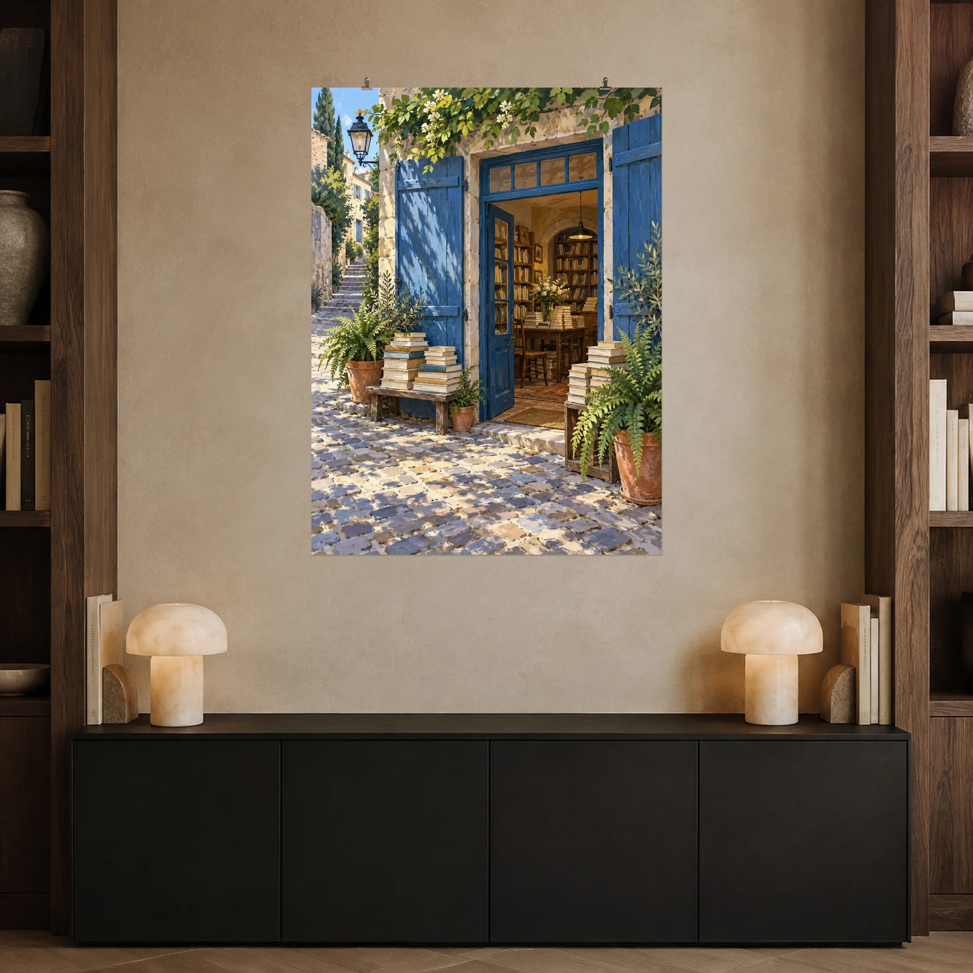This gouache-style composition features an empty small bookshop exterior with blue shutters, an open door, stacks of blank spine books and potted ferns on a cobbled lane, no signage or letters. Expressive brushwork and a balanced palette bring warmth and character to your space.