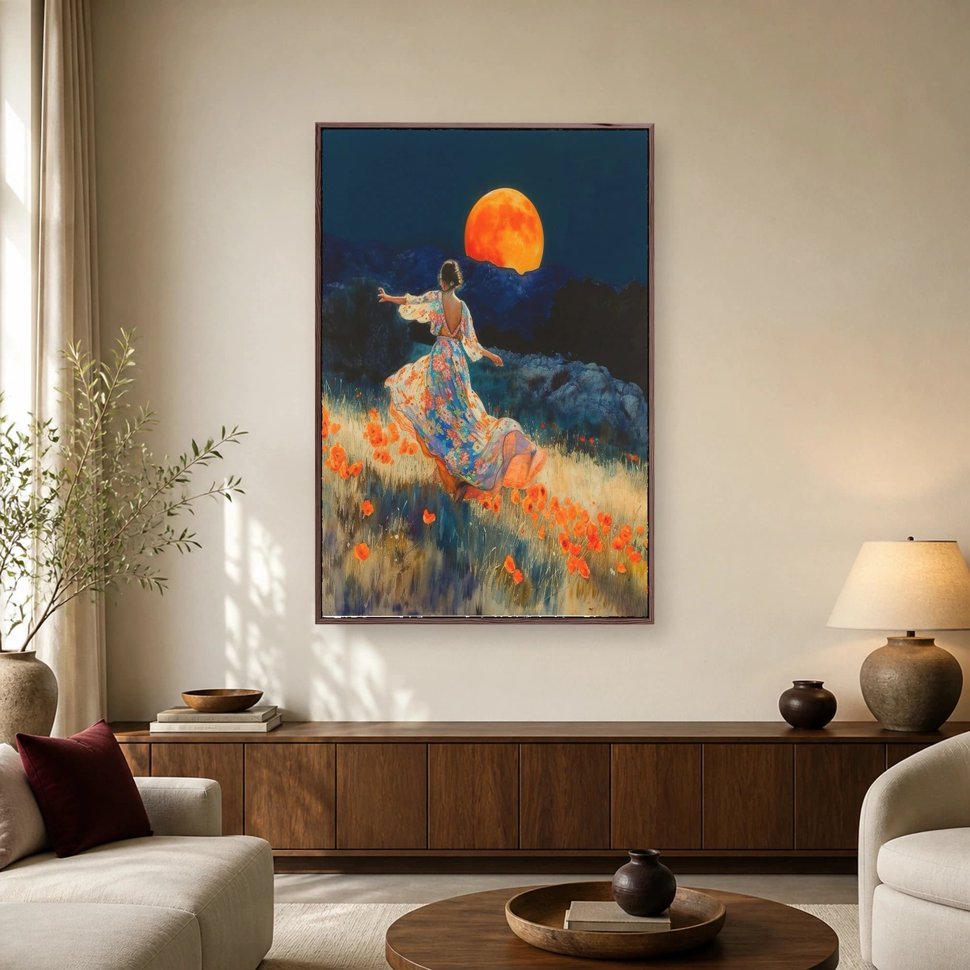 A woman in a floral dress dances through a field of glowing poppies under a giant orange moon in a nocturnal landscape.