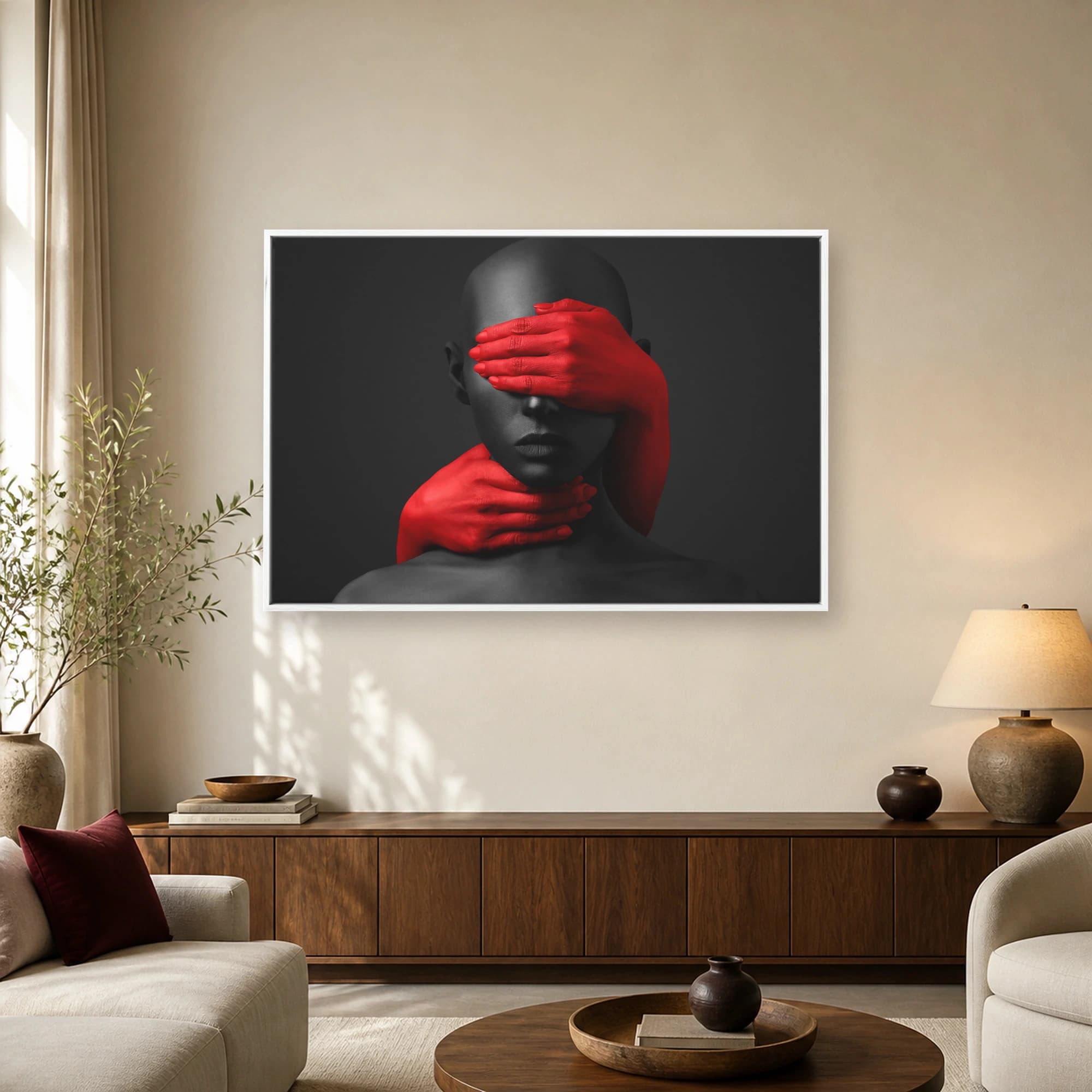 Crimson Silence Striking Surrealist Portrait Canvas Print, view 2