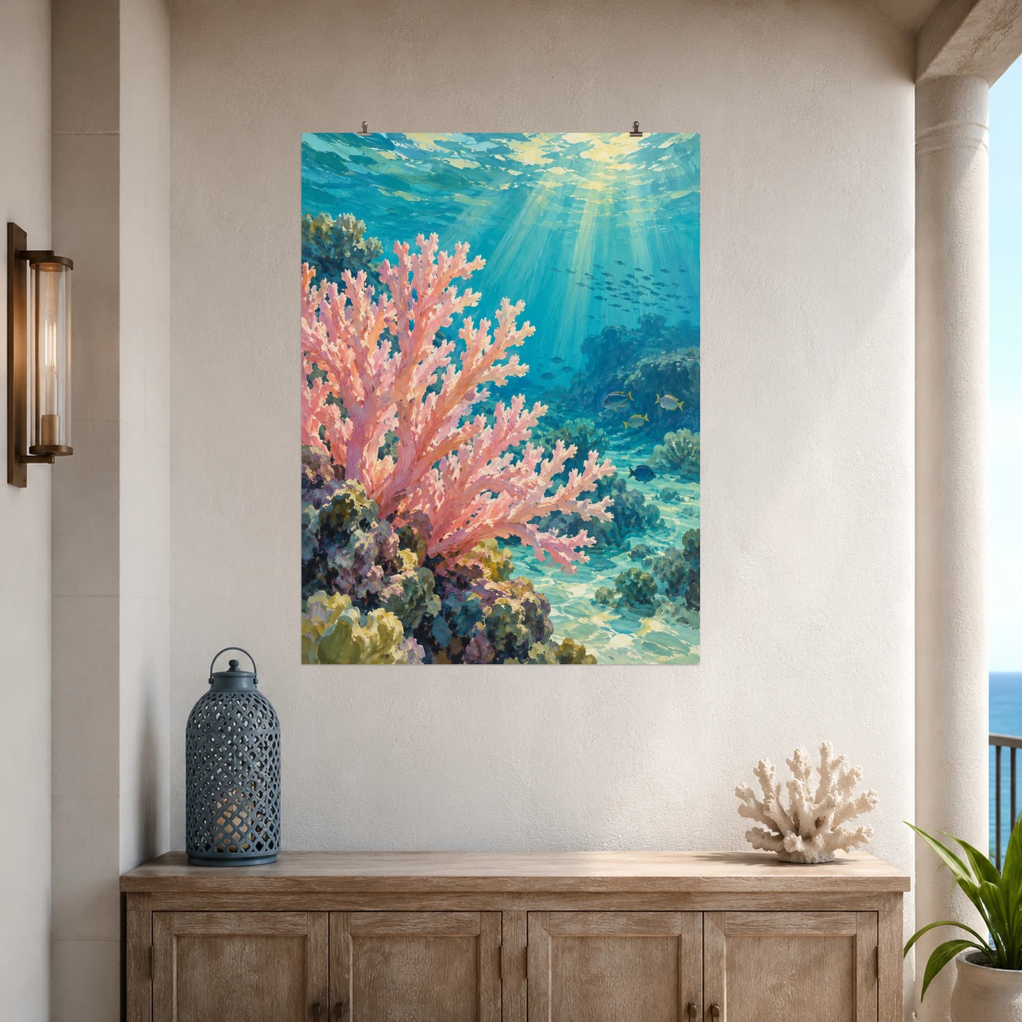 This gouache-style composition features pale pink branching coral beneath turquoise lagoon water with shafts of warm light and distant fish. Expressive brushwork and carefully balanced color bring a distinctive focal point to your wall.