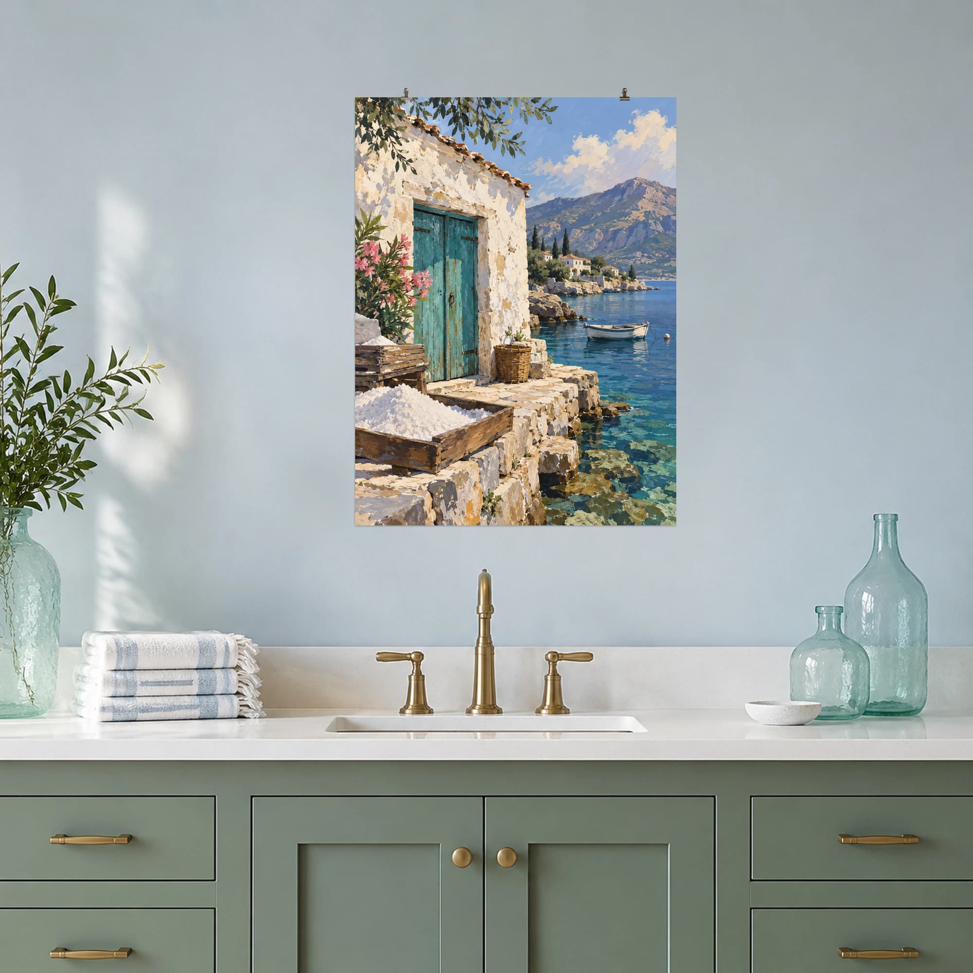 This gouache-style composition features an old salt store with a turquoise wooden door and whitewashed walls beside a quiet coastal inlet. Expressive brushwork and a balanced palette bring warmth and character to your space.