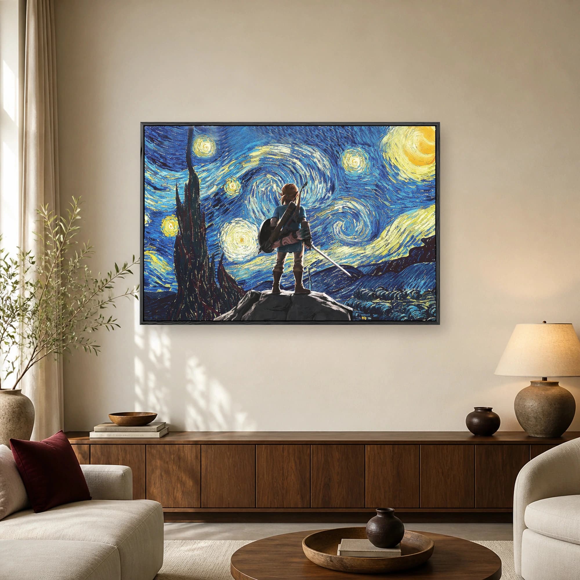 A heroic character holding a sword and shield stands on a rock overlooking a swirling Vincent van Gogh style starry night sky.