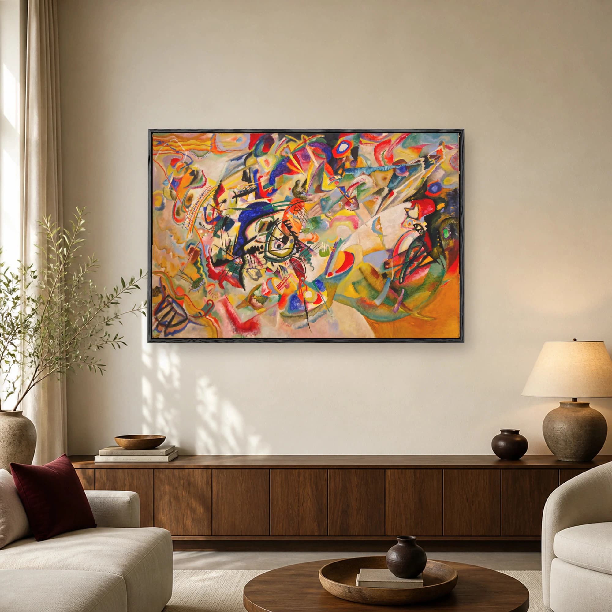 Colorful abstract oil painting Composition VII by Wassily Kandinsky featuring dynamic lines and vibrant shapes.