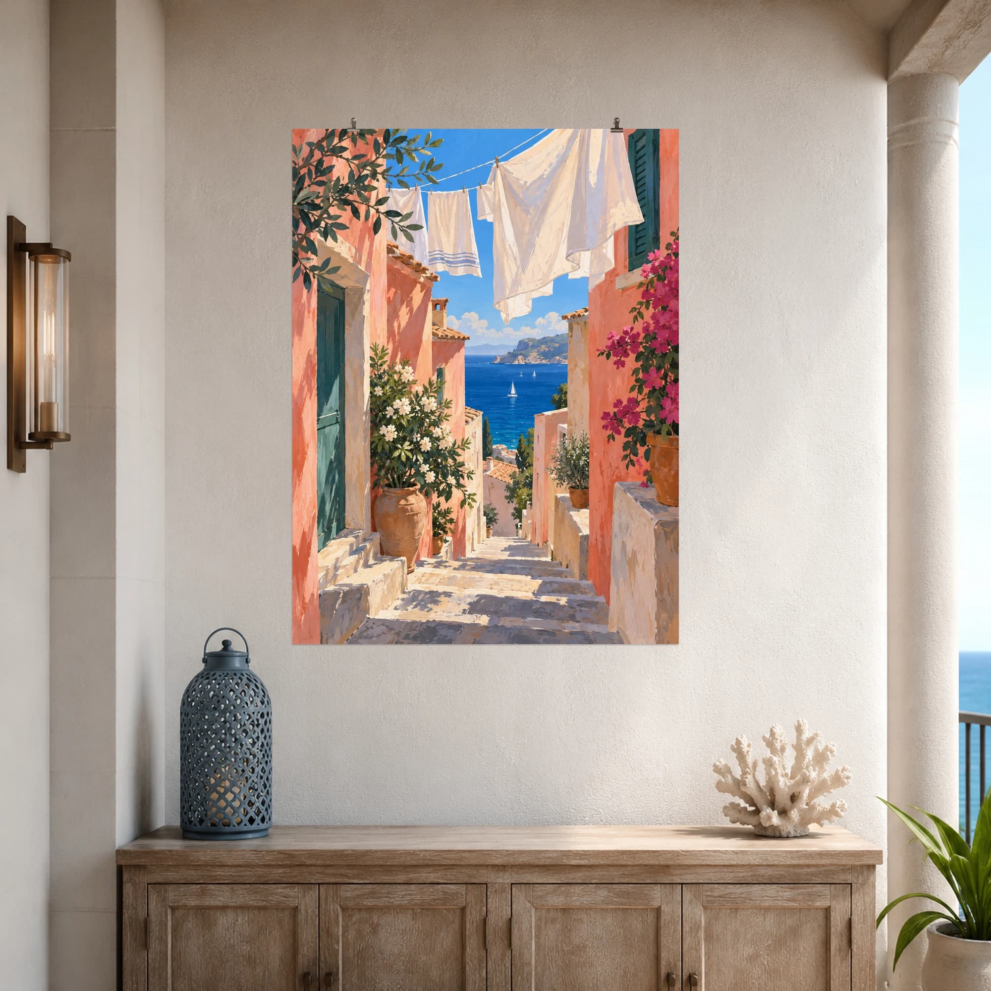 This gouache-style composition features a sunlit narrow stairway between pale coral seaside houses with billowing clean linen overhead, distant cobalt sea framed by the passage. Expressive brushwork and a balanced palette bring warmth and character to your space.
