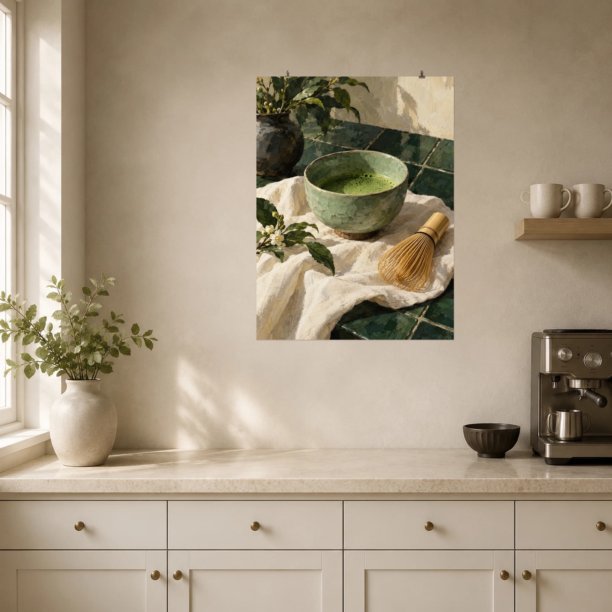 This gouache-style composition features a celadon matcha bowl with bamboo whisk on ivory linen and a dark green tiled table. Expressive brushwork and carefully balanced color bring a distinctive focal point to your wall.