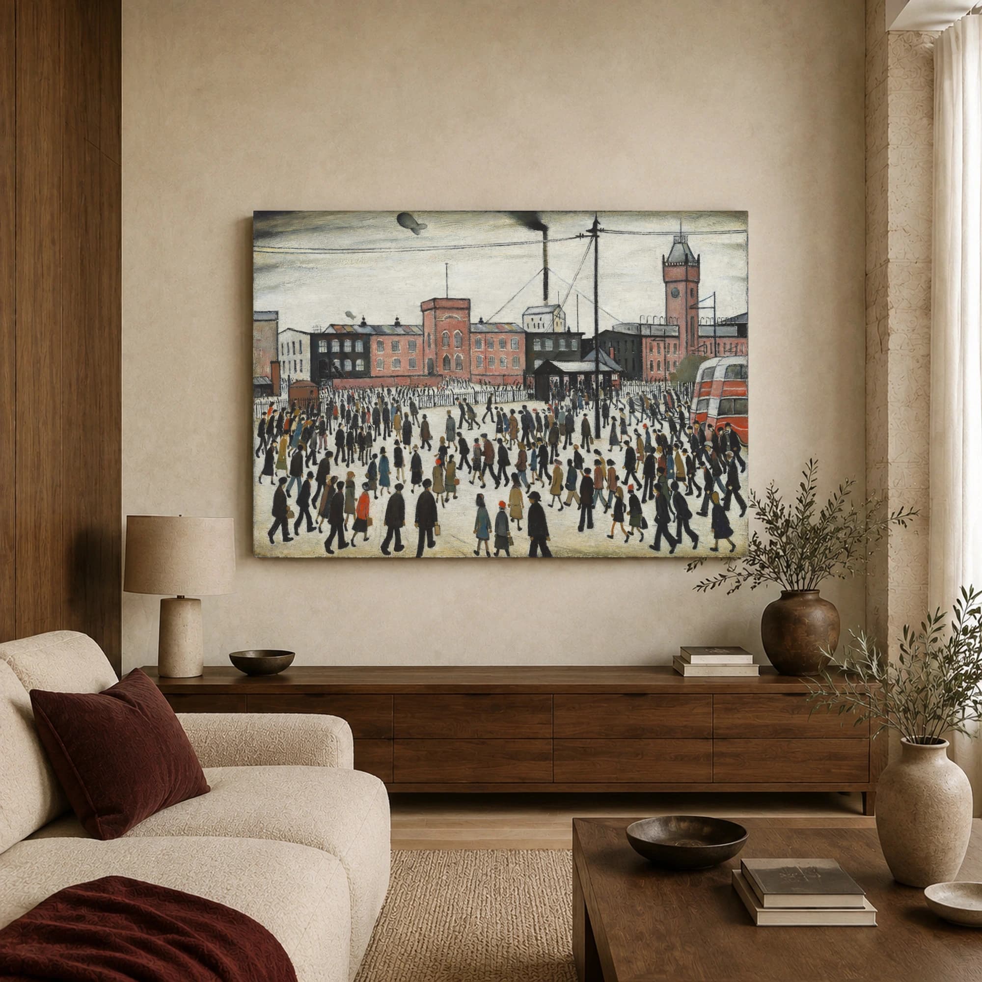 Industrial Town Square Fine Art Print with Crowds and Red Bus, view 3