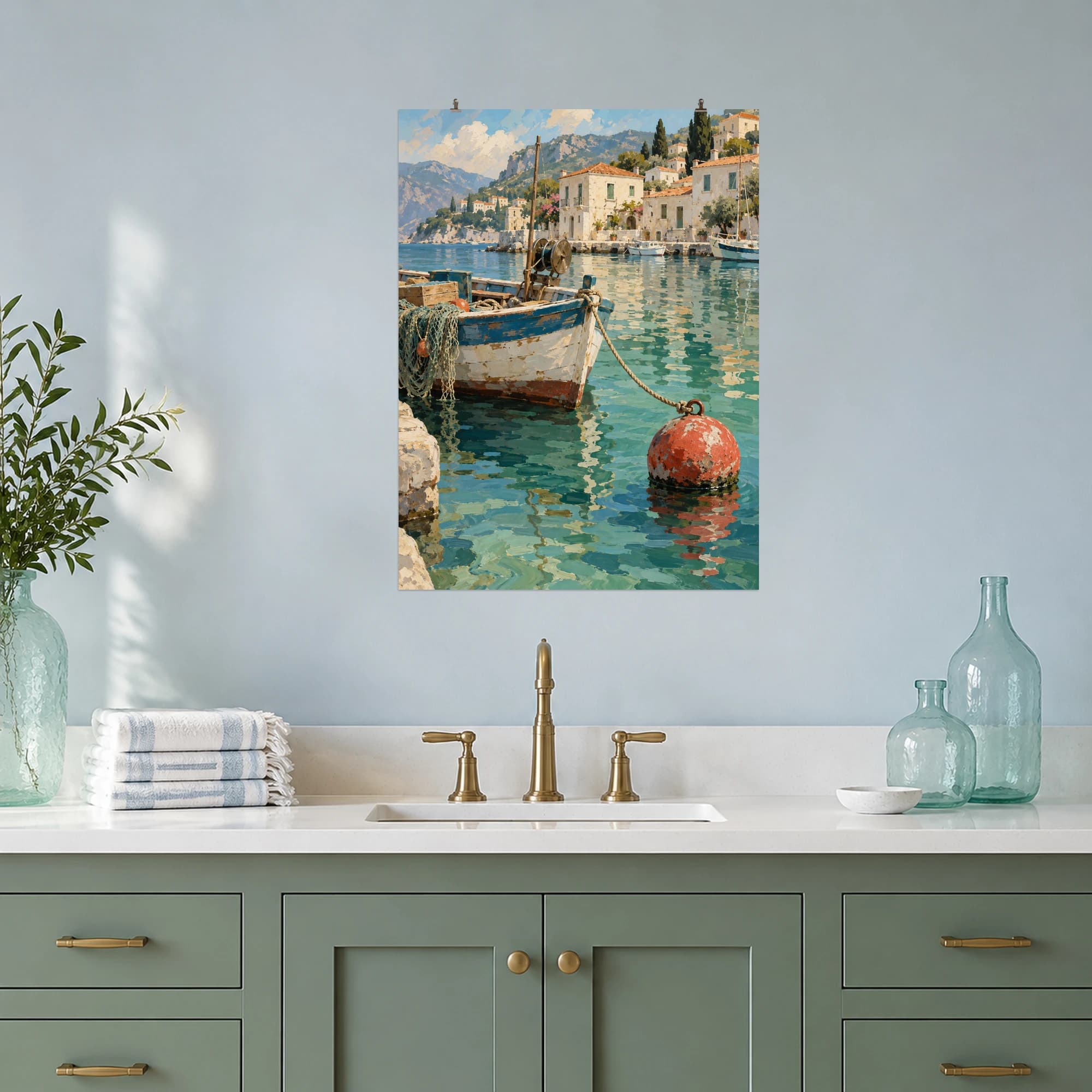 This gouache-style composition features a weathered red buoy floating beside a small wooden fishing boat in a quiet harbor, mint water and cream waterfront buildings. Expressive brushwork and a balanced palette bring warmth and character to your space.