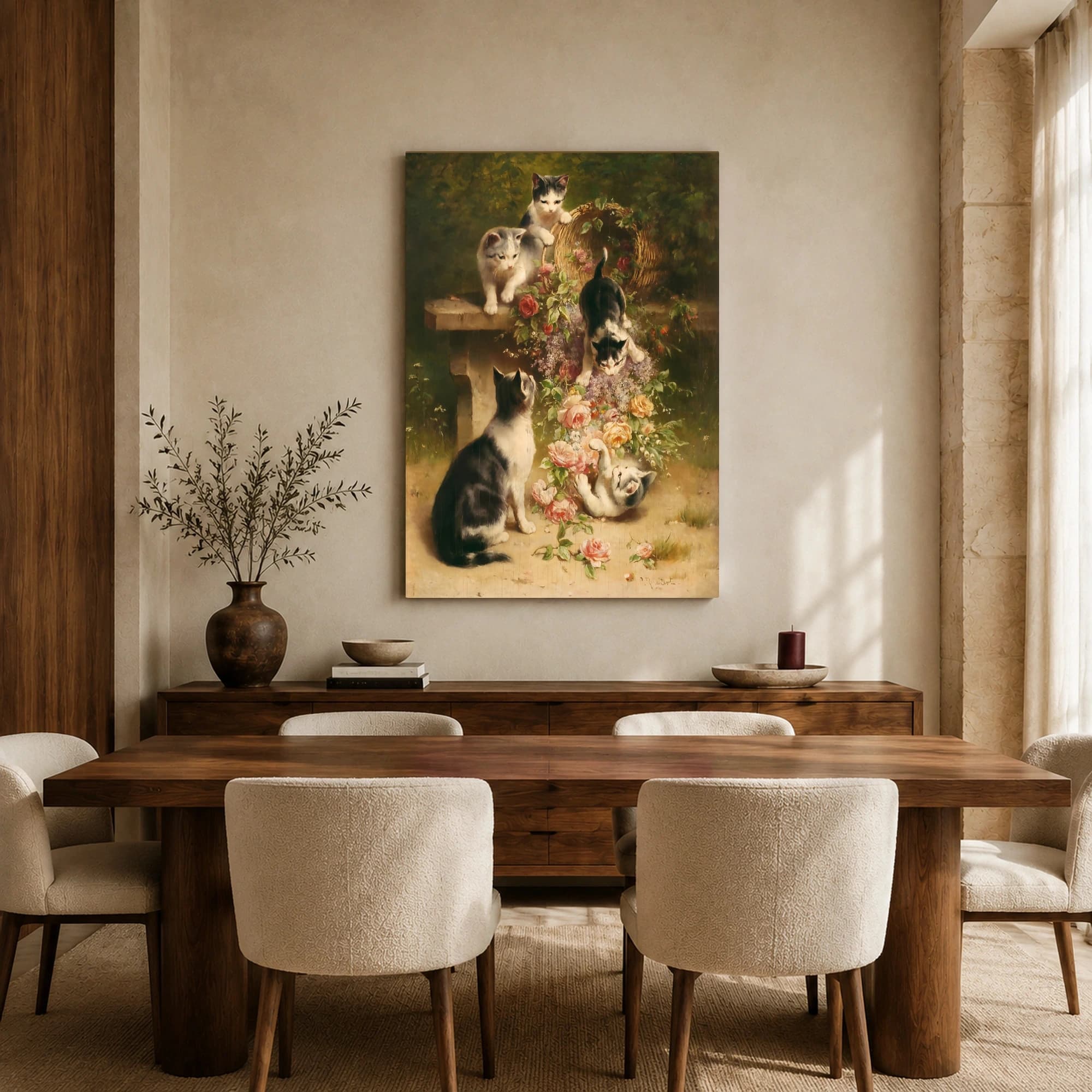 Playful Kittens and Roses Vintage Canvas Art Print, view 8