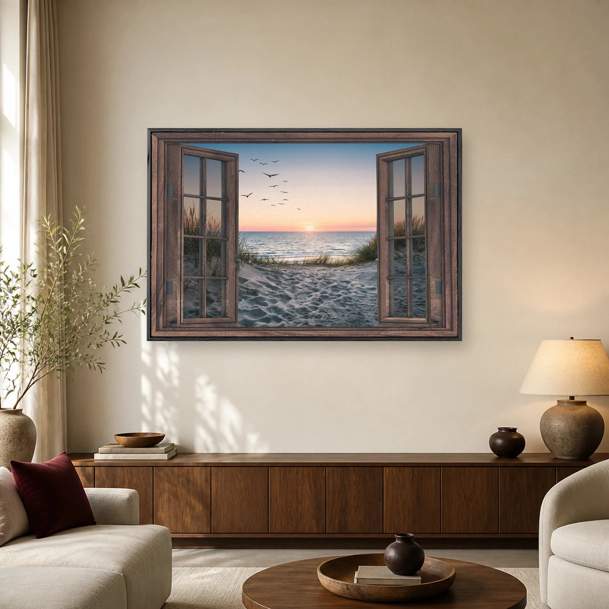 Open rustic wooden window looking out over a sandy beach path, ocean horizon, and sunset sky with flying birds