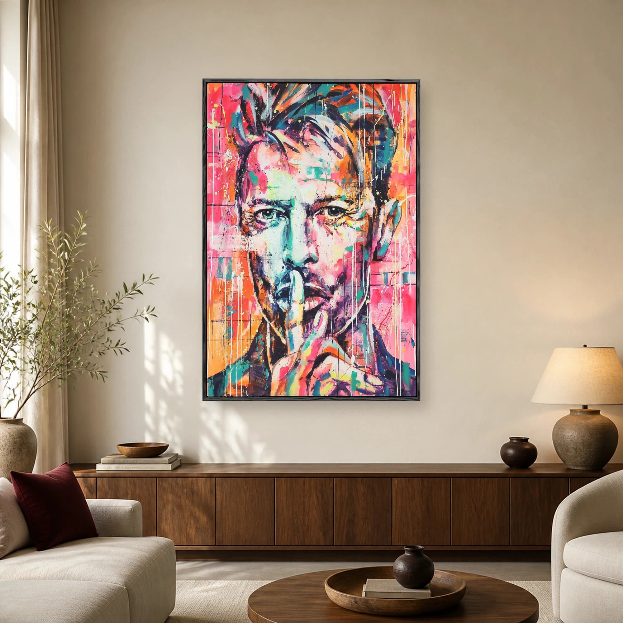 Vibrant pop art portrait of David Bowie with a finger to his lips, rendered in hot pink, turquoise, and orange with paint drips.