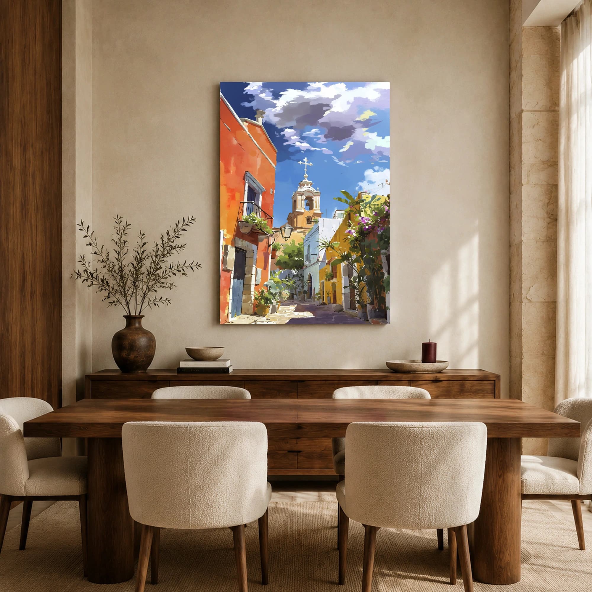 Vibrant Mediterranean Street Art with Church Tower, view 7