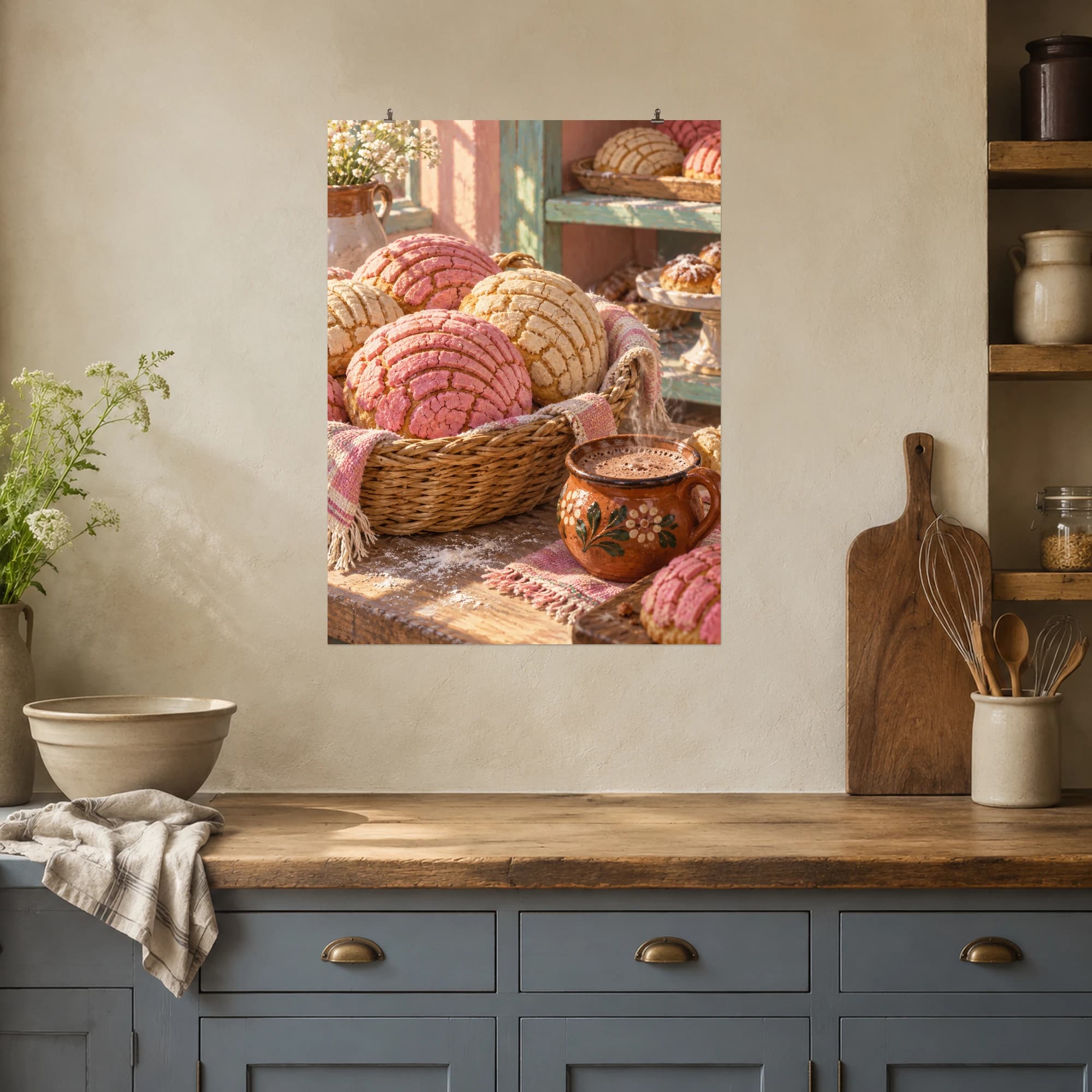 Pink and cream conchas sit in a bakery basket beside a warm cup of chocolate.