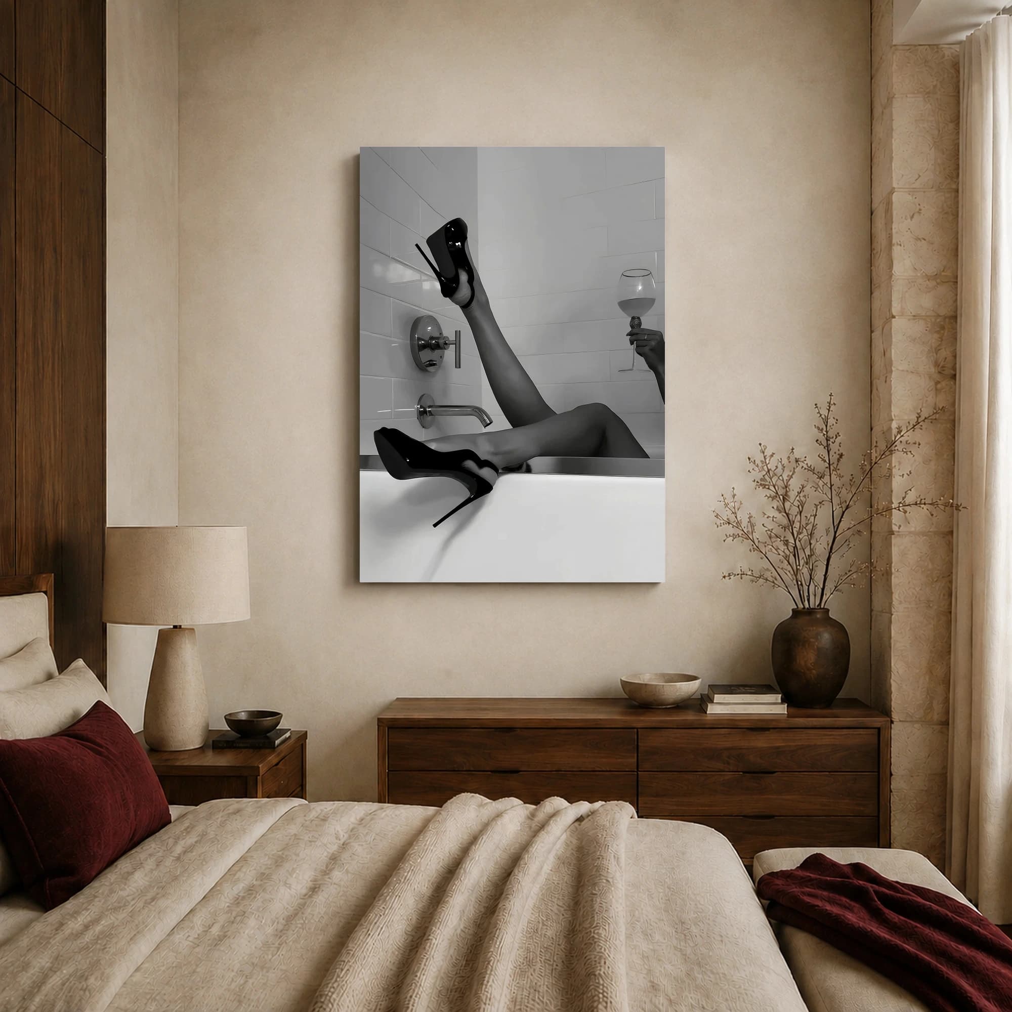 High Heels in Bathtub & Wine Glass Black and White Art, view 6