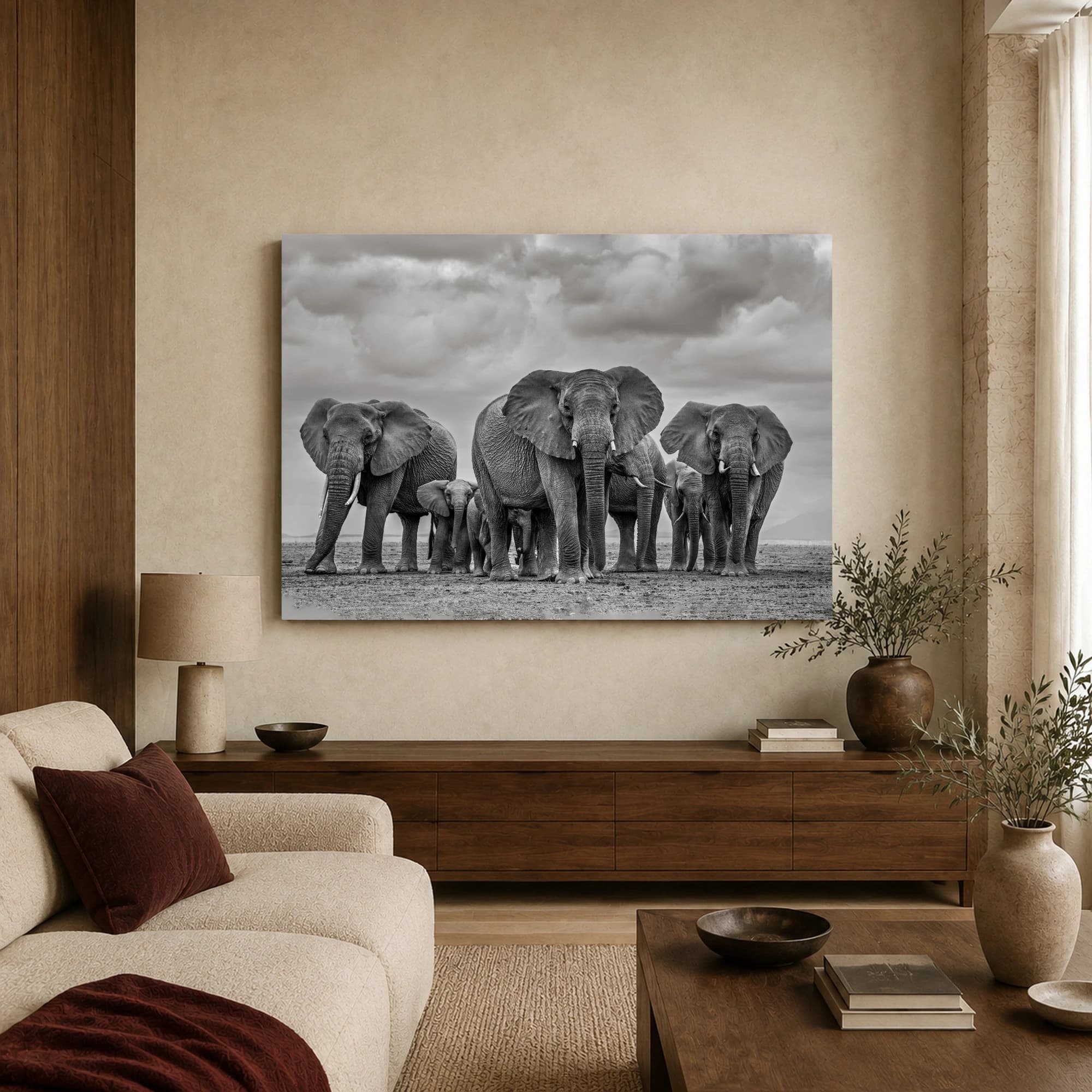 Majestic Elephant Herd Black and White Wildlife Wall Art, view 3