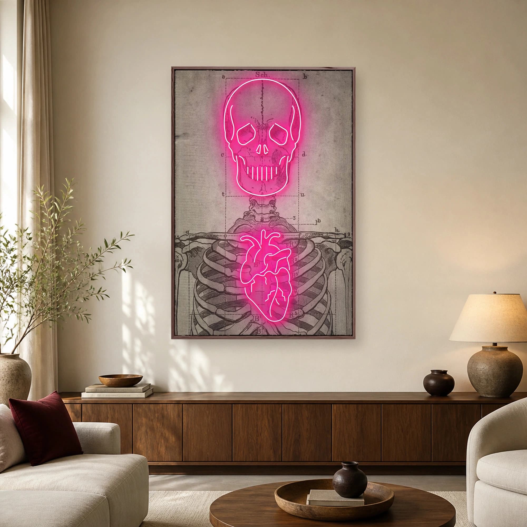 Vintage anatomical skeleton drawing on aged paper featuring glowing neon pink skull and heart overlays.