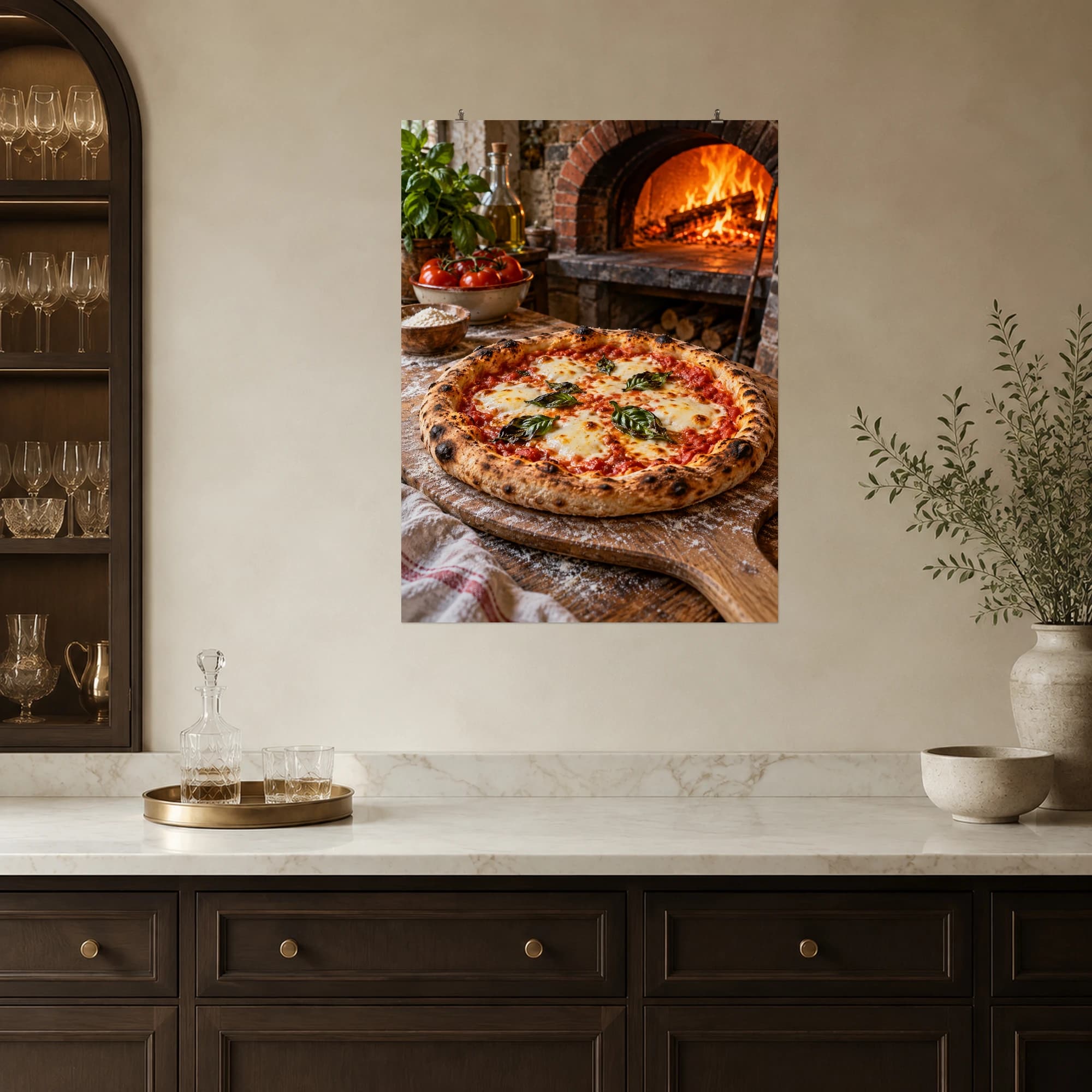 A fresh margherita pizza waits beside the warmth of a wood-fired oven.