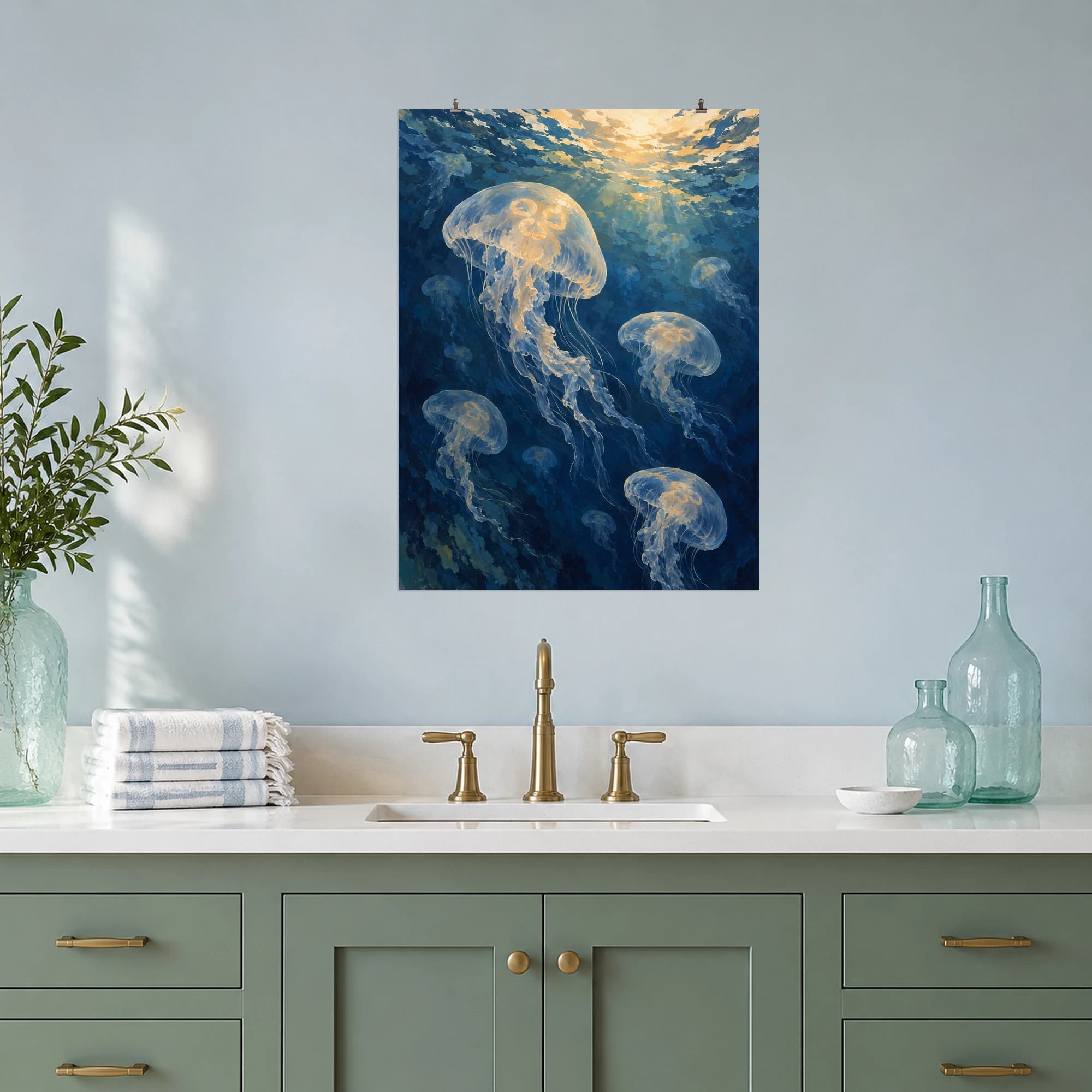 This gouache-style composition features translucent moon jellyfish drifting in a deep blue sea with pale amber light near the surface. Expressive brushwork and a balanced palette bring warmth and character to your space.
