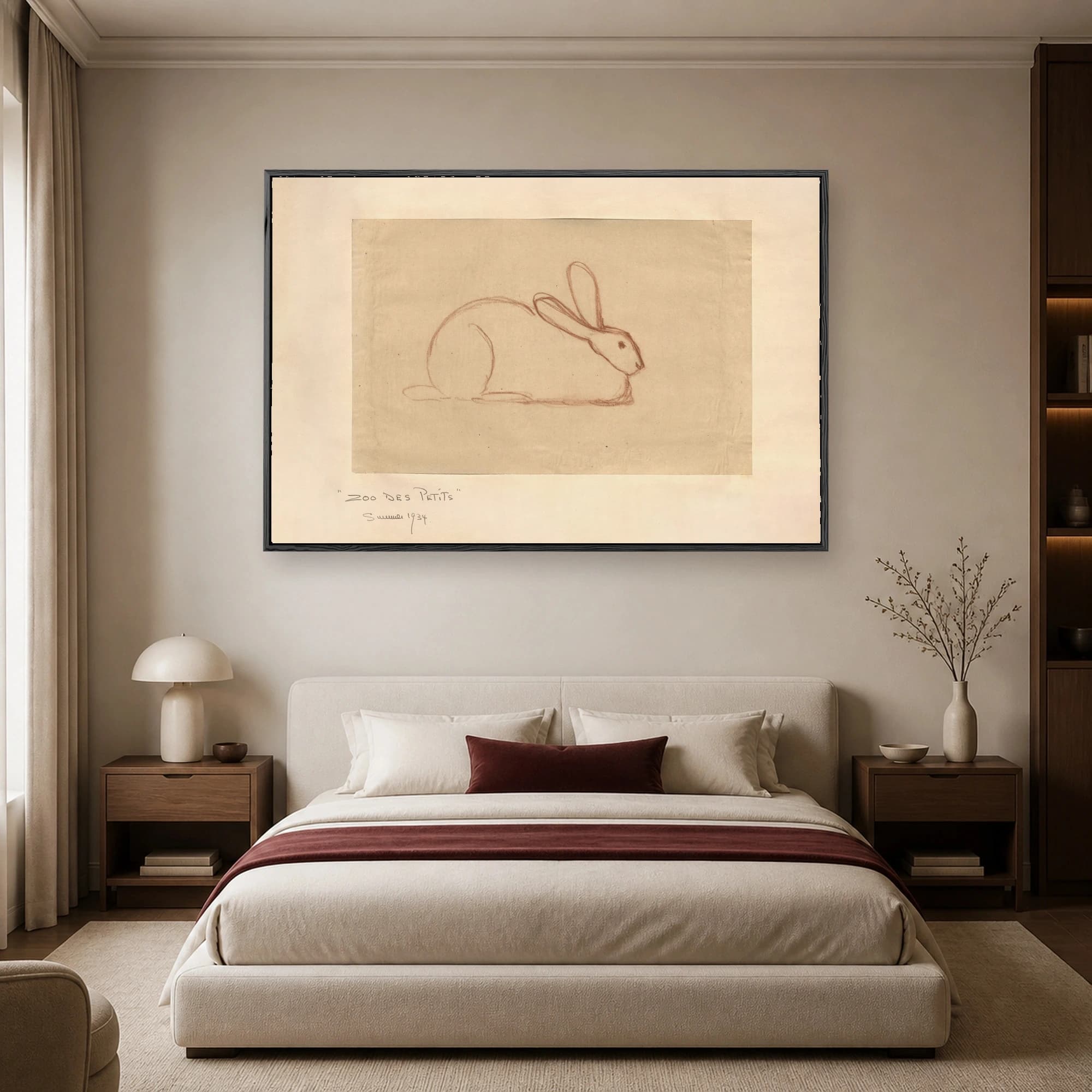 A minimalist sanguine chalk sketch of a resting rabbit on beige paper with handwritten text reading Zoo des Petits Summer 1934.