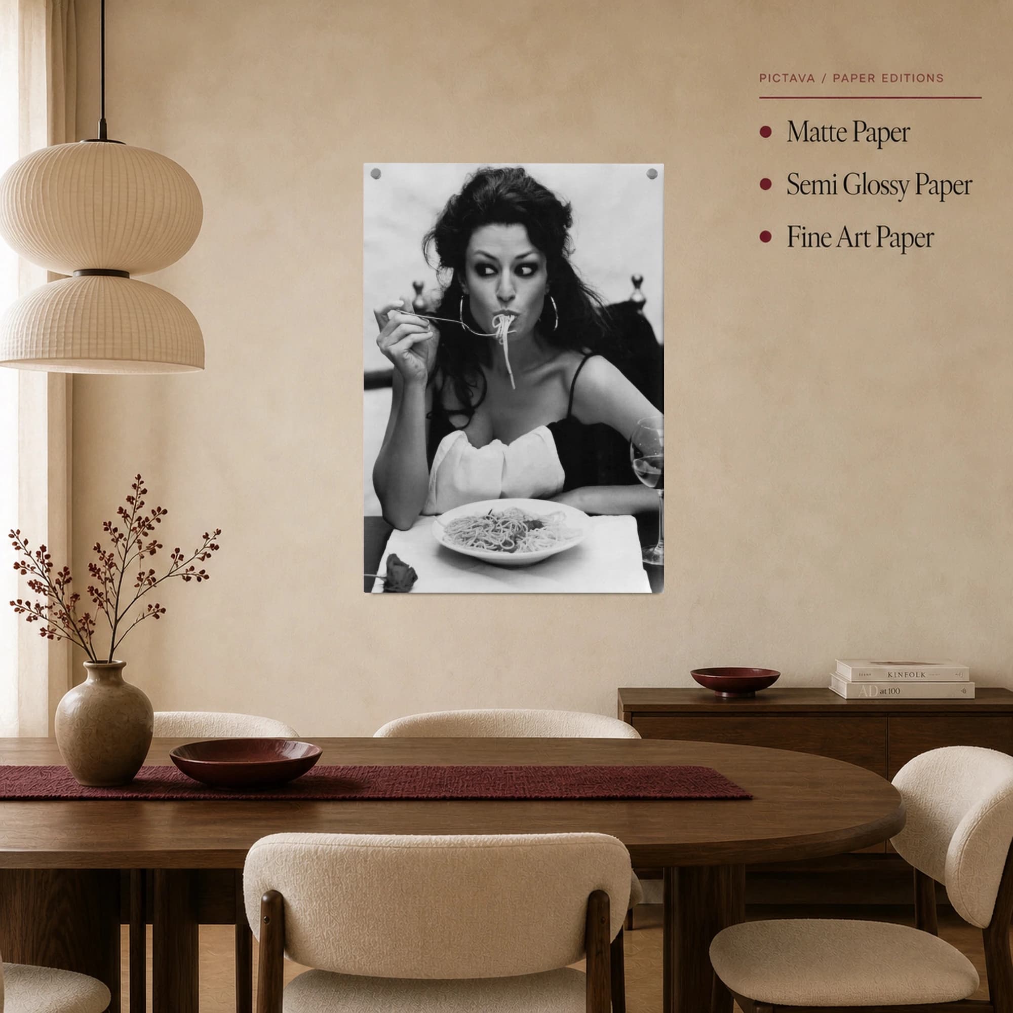 Sophia Loren Eating Spaghetti Black and White Photography Wall Art, view 2