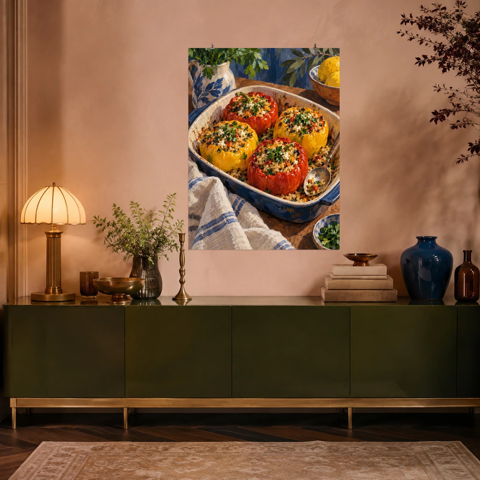 This gouache-style composition features red and yellow peppers filled with rice and herbs in a rustic baking dish with a small spoon and linen. Expressive brushwork and a balanced palette bring warmth and character to your space.
