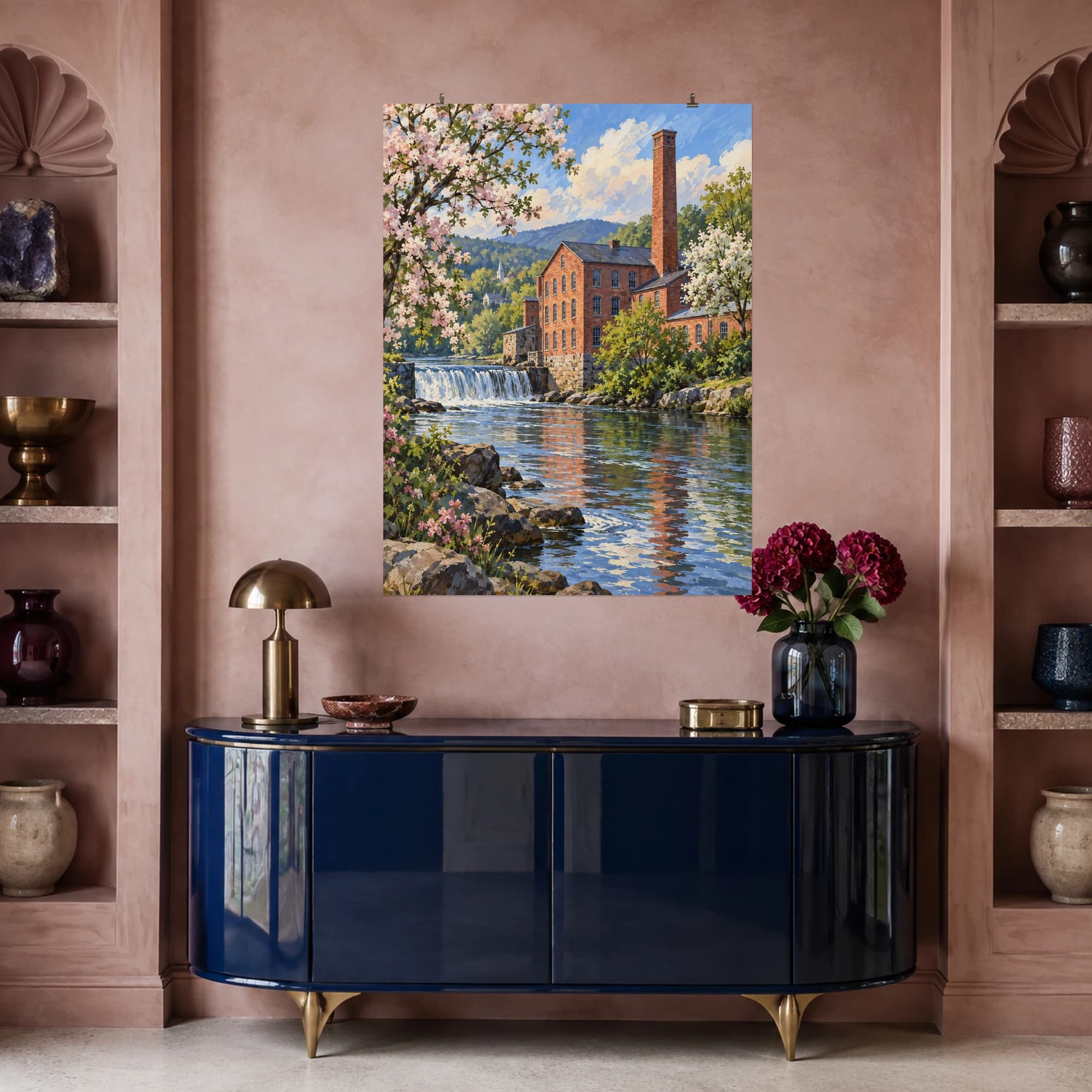 This gouache-style composition features a red brick paper mill beside a gentle river with a tall square chimney and flowering riverside trees. Expressive brushwork and a balanced palette bring warmth and character to your space.