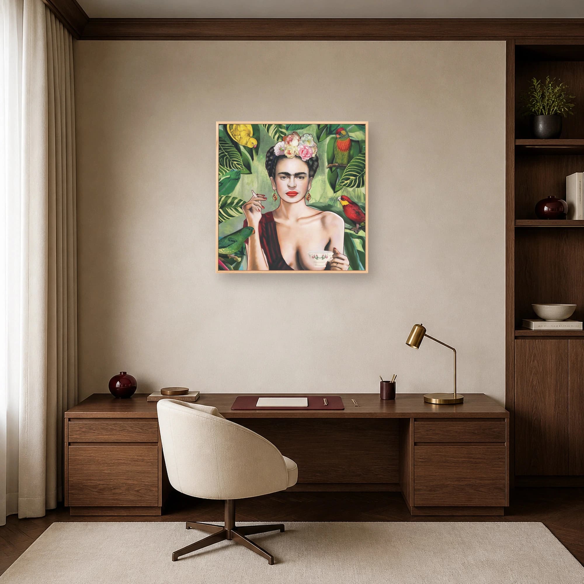 Frida Kahlo Tropical Portrait Canvas Print with Exotic Birds, view 7