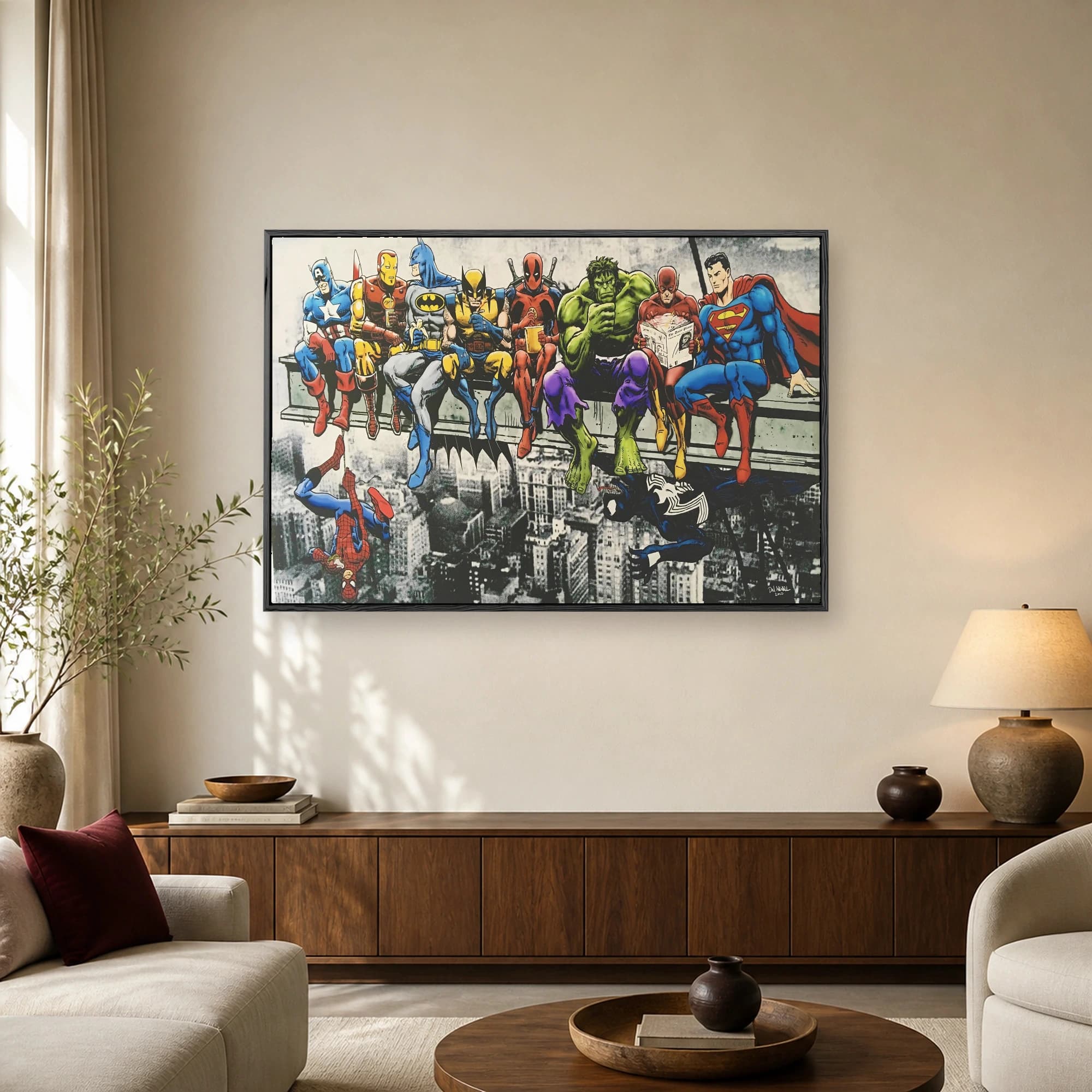 Famous comic book heroes and villains eating lunch together on a high steel beam above a city skyline in a pop art parody style.