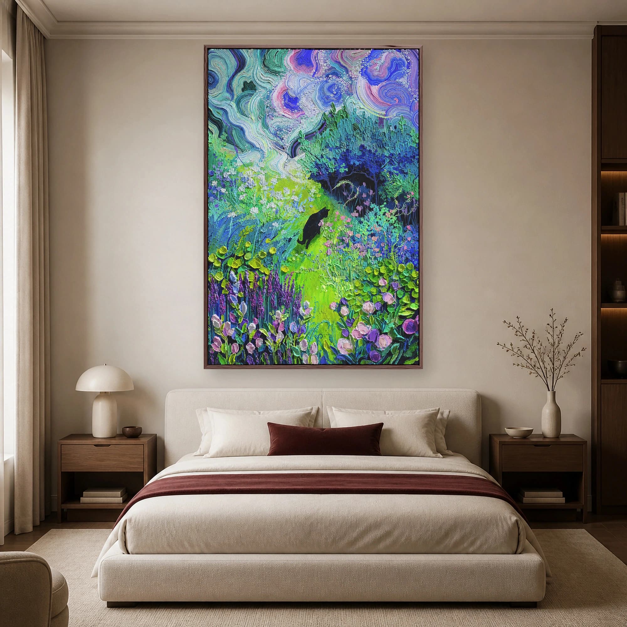 Black Cat in Impasto Garden Night Sky Canvas Print, view 4