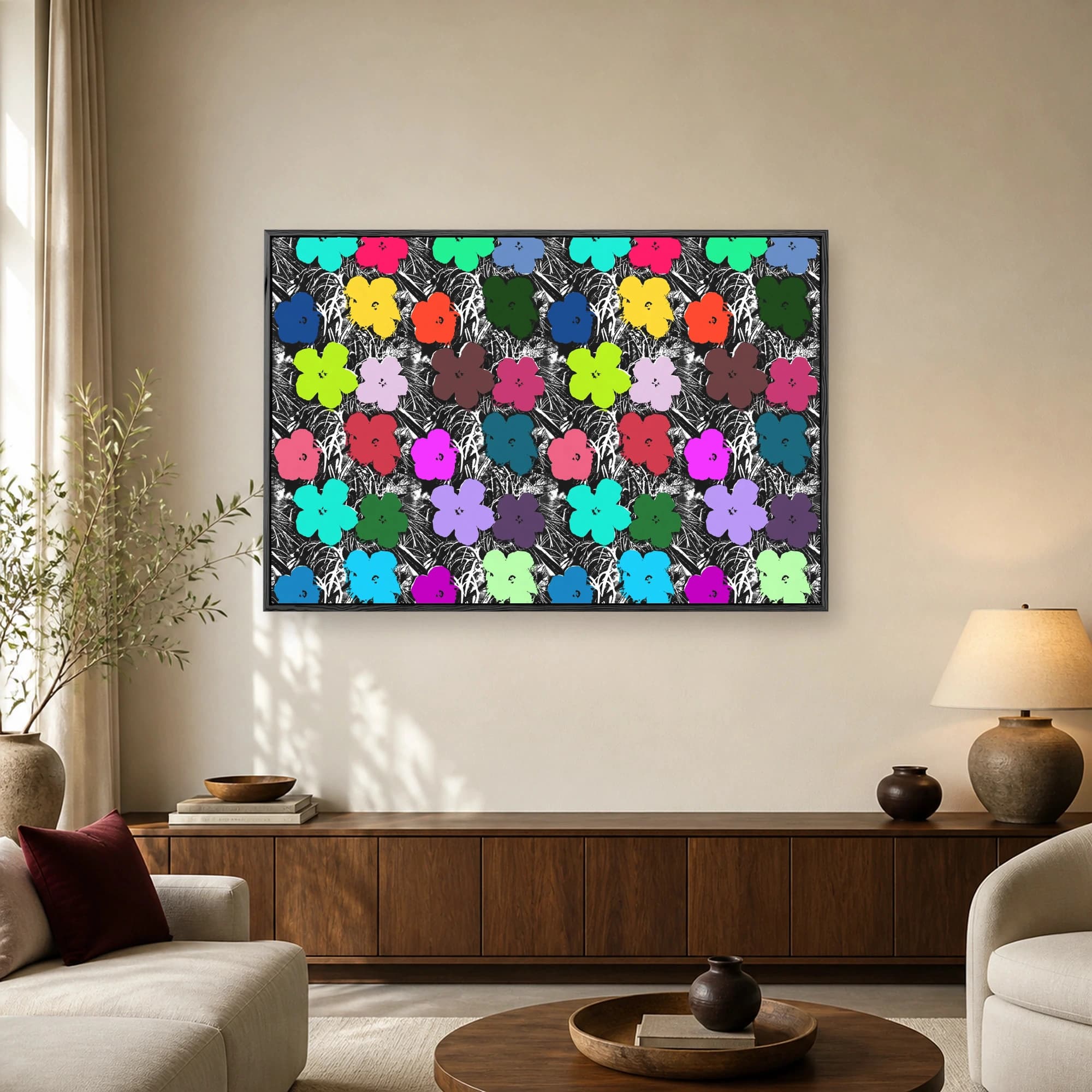 A vibrant pop art print featuring a repeating grid of colorful flowers in pink, blue, yellow, and green over a high contrast black and white botanical background.